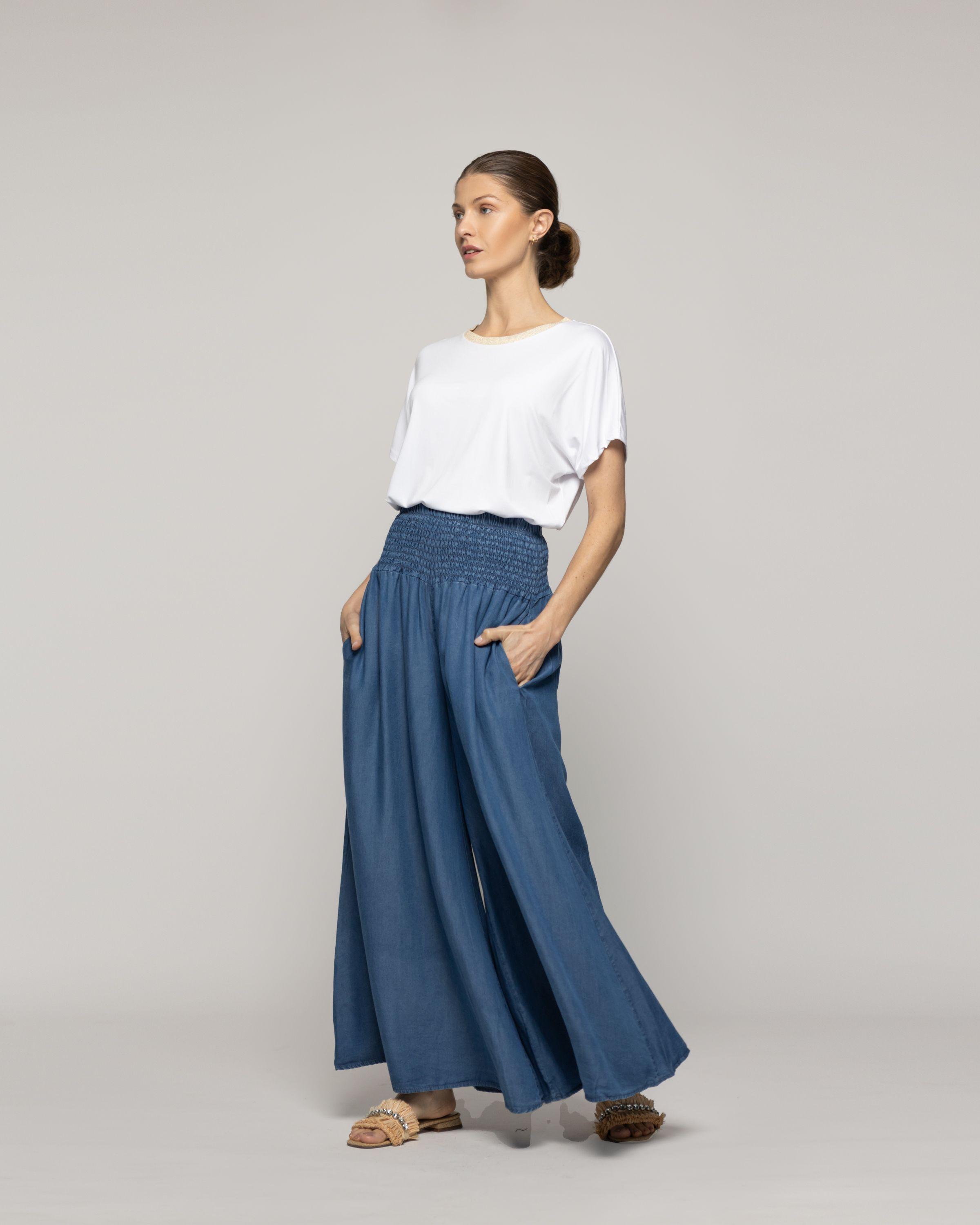 Pantalón Mujer Pilar Palazzo Azul Con Pretina Fruncida Lineatre-4