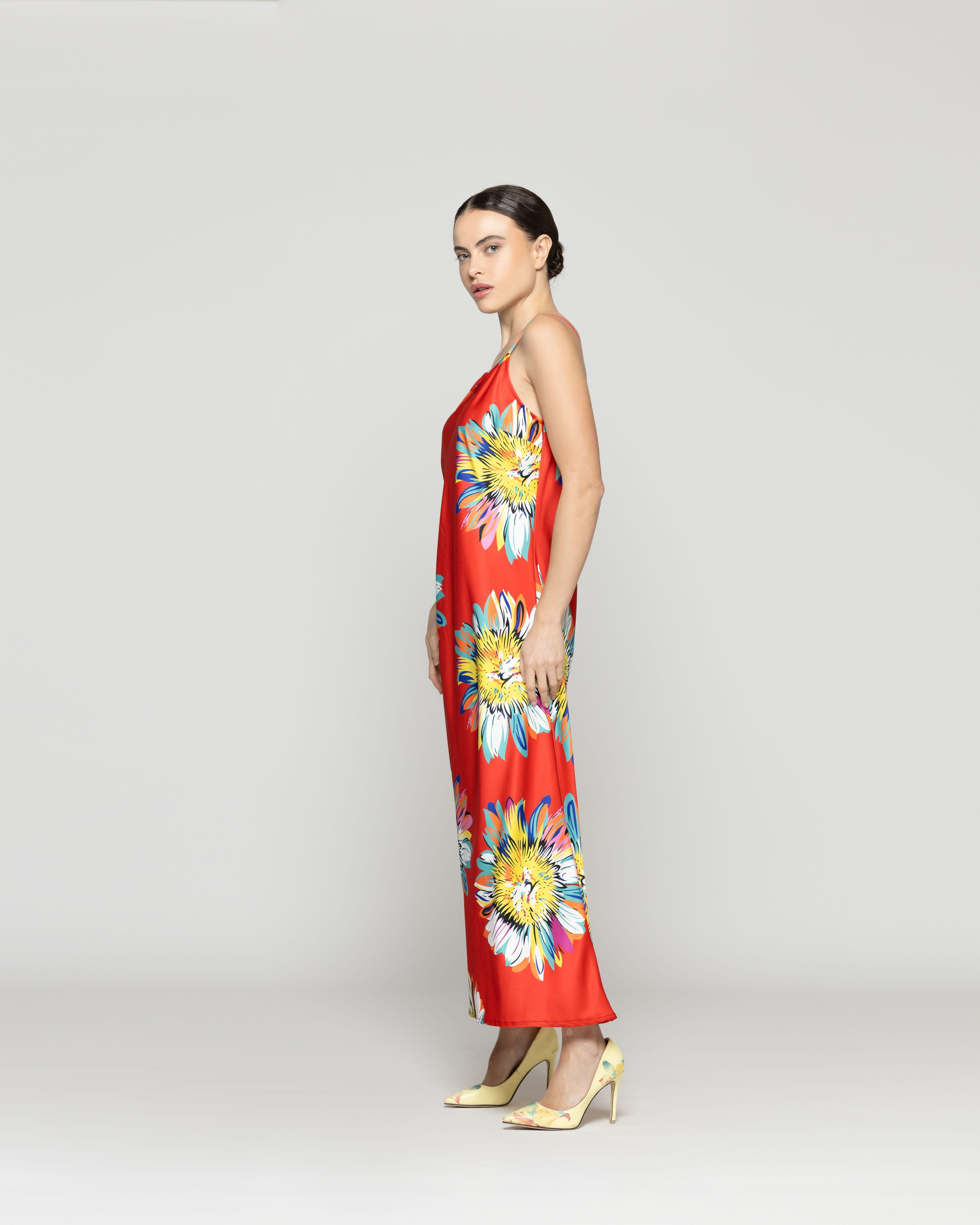 Vestido Mujer Vika De Tirantes Tipo Satín Con Flores Rojo Lineatre-1