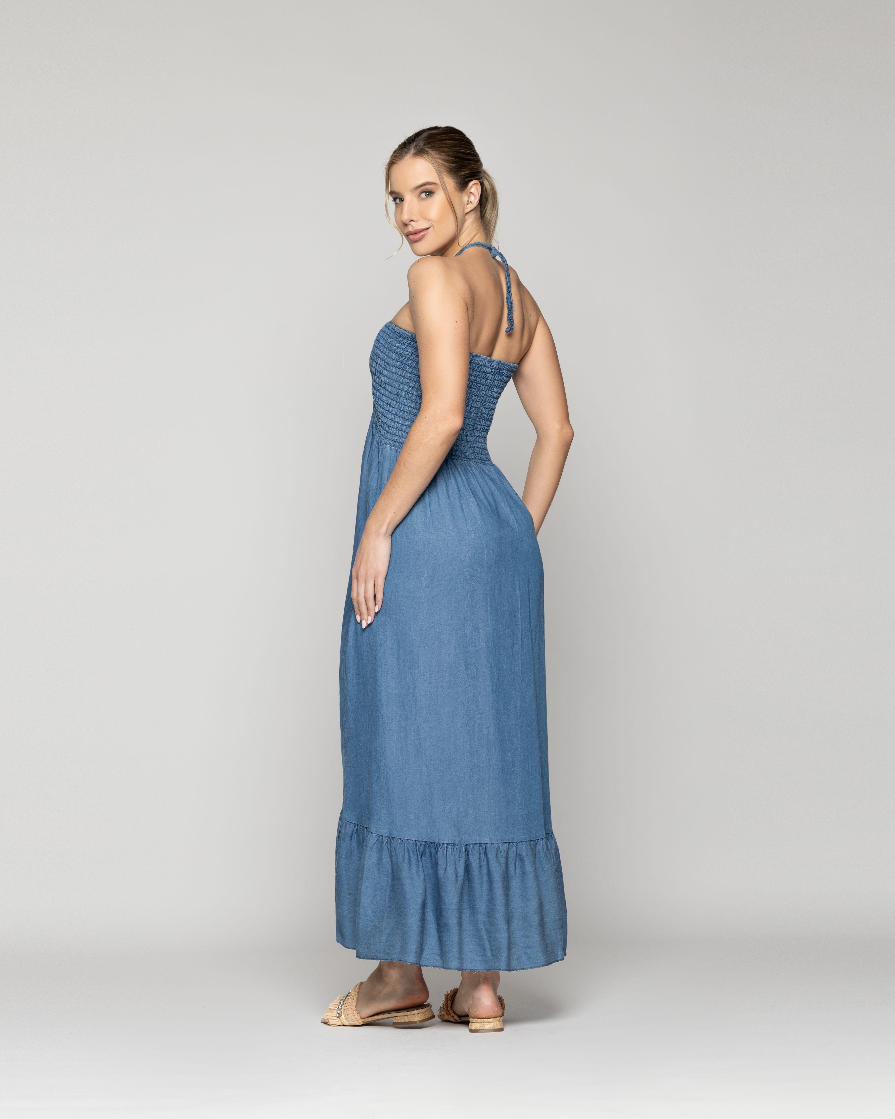 Vestido Mujer Vanda Denim Cuello Halter Lineatre-3