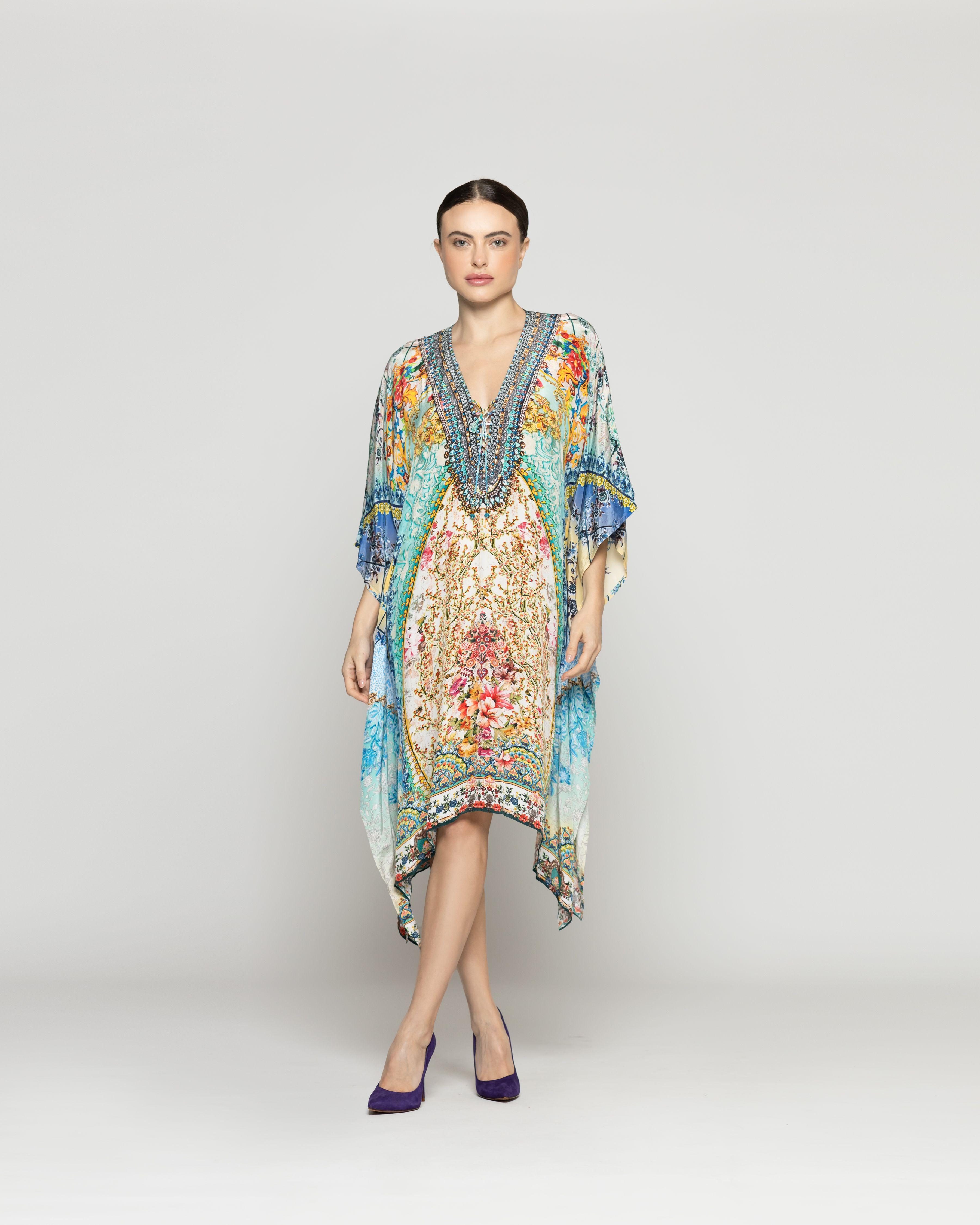 Túnica Mujer Tipo Kaftan Qamira Estampado Barroco Verde Turquesa Lineatre-4