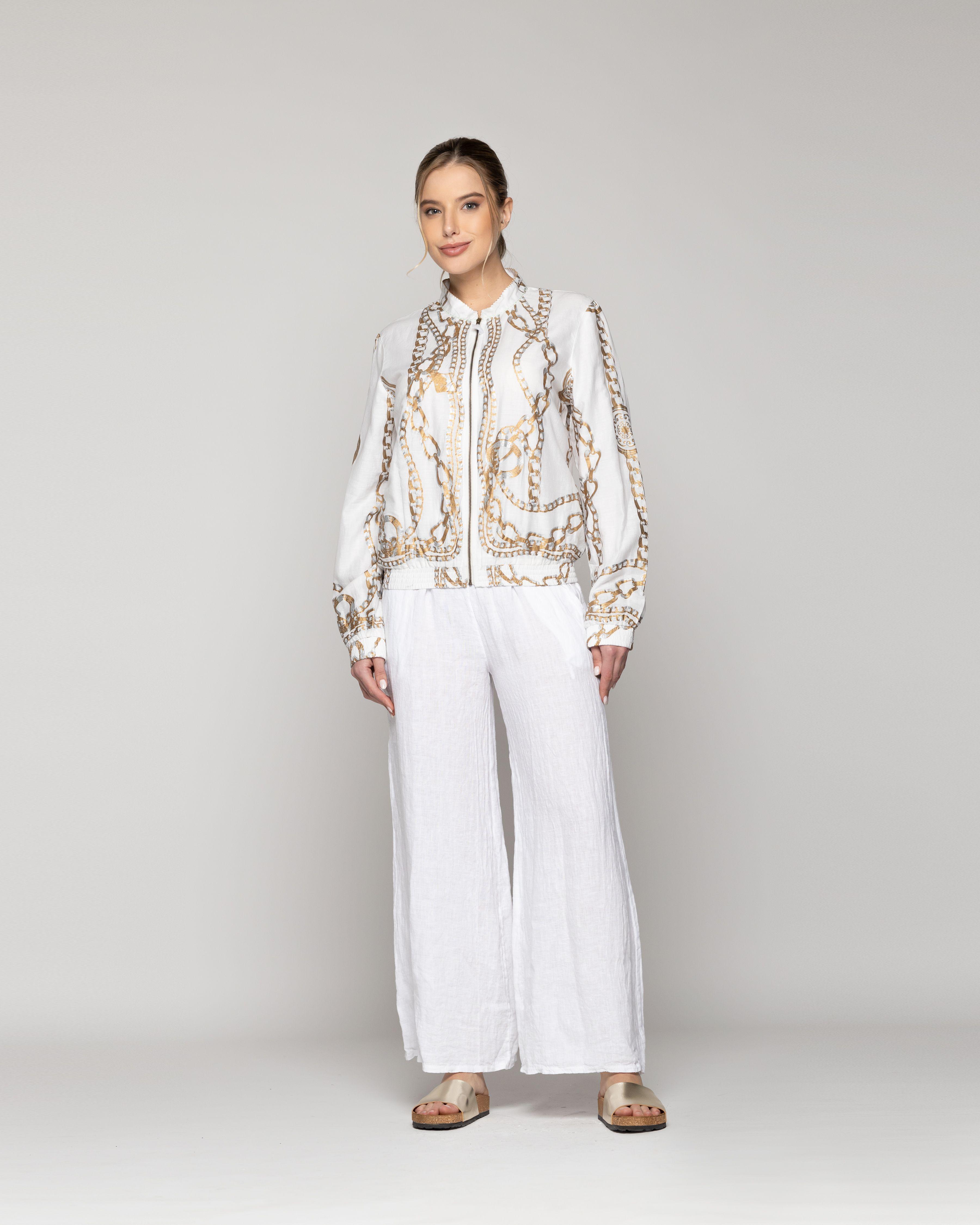 Chaqueta Mujer Bomber Costanza Blanca Con Diseño De Cadenas Doradas Lineatre-0