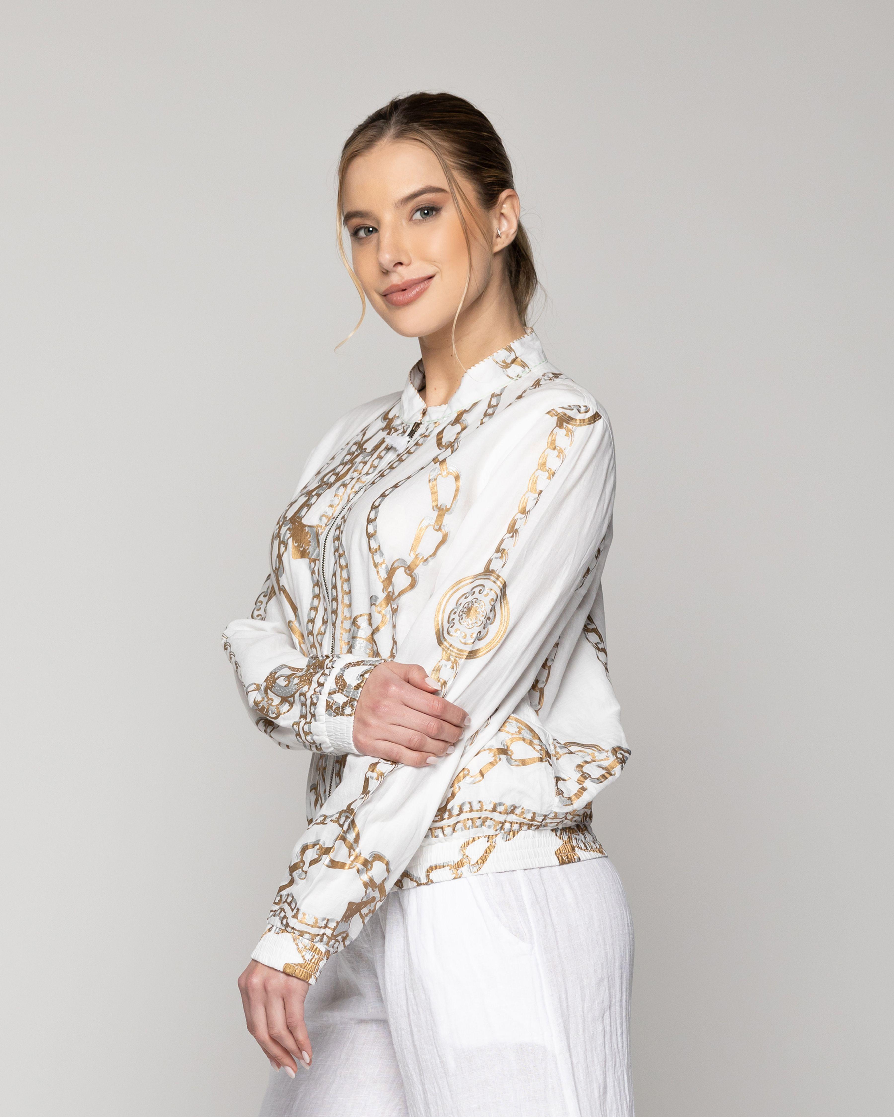 Chaqueta Mujer Bomber Costanza Blanca Con Diseño De Cadenas Doradas Lineatre-3