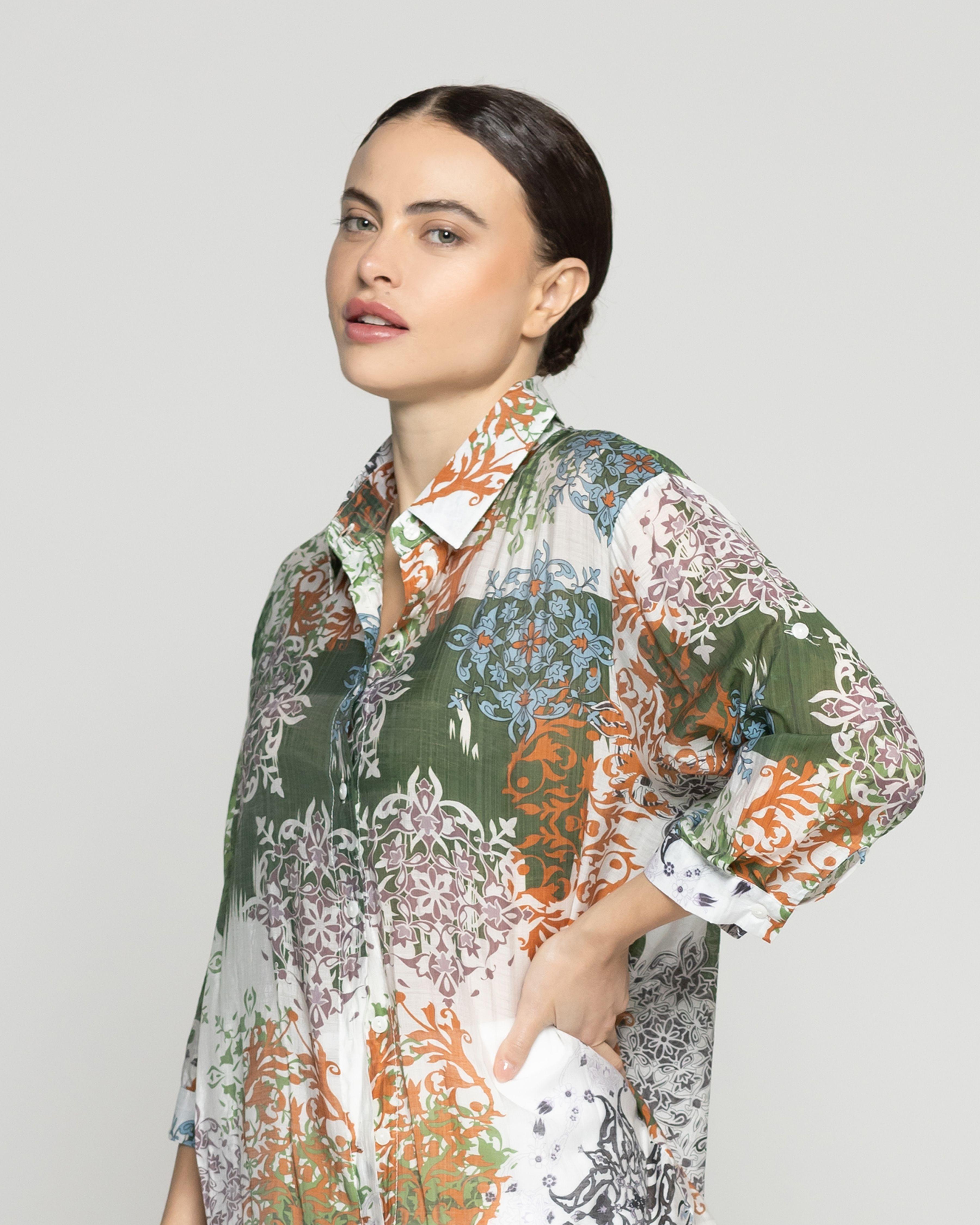 Blusa Mujer Bellinda Manga 3/4 Oversize Diseño Abstracto Verde Lineatre-1