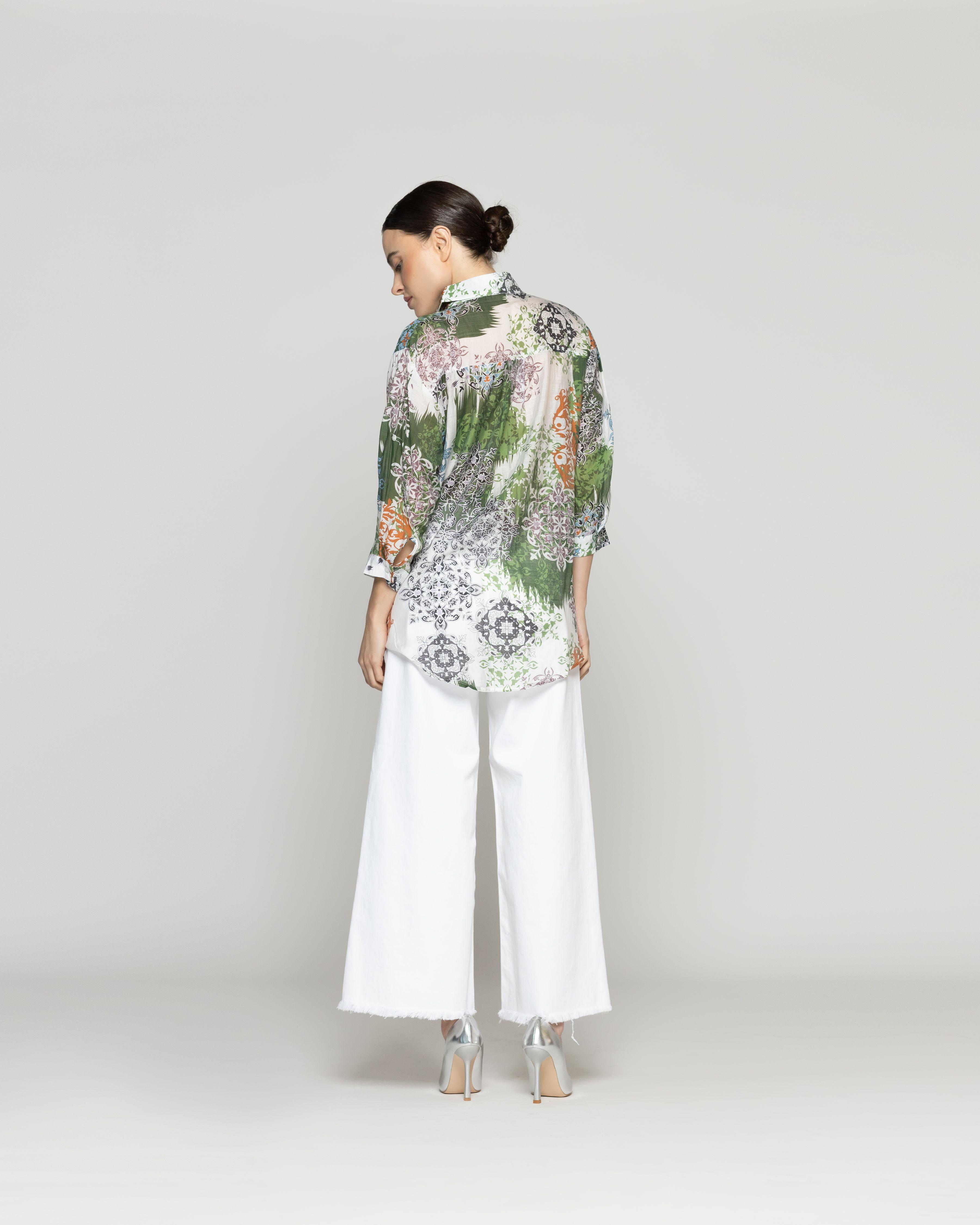Blusa Mujer Bellinda Manga 3/4 Oversize Diseño Abstracto Verde Lineatre-2