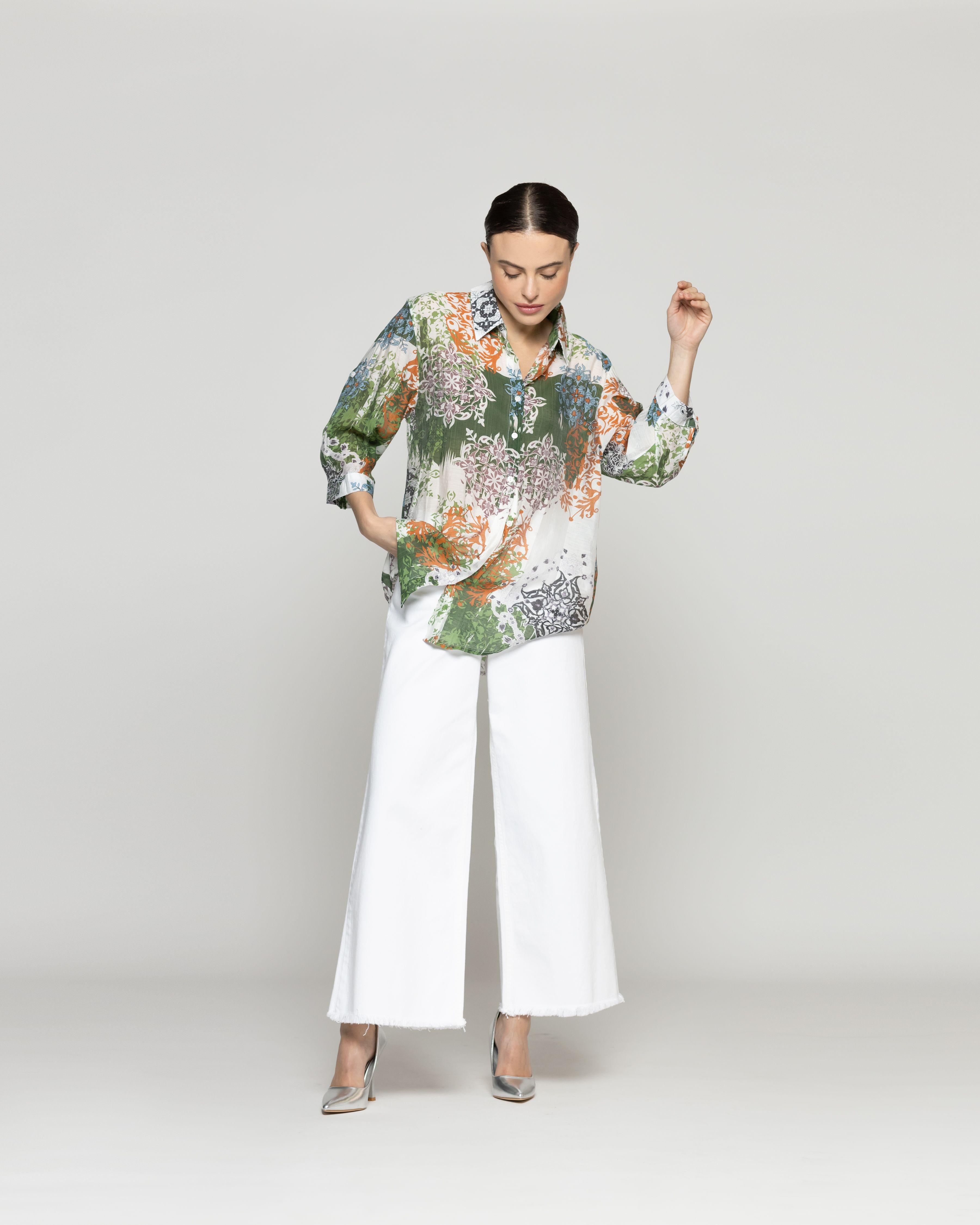 Blusa Mujer Bellinda Manga 3/4 Oversize Diseño Abstracto Verde Lineatre-3