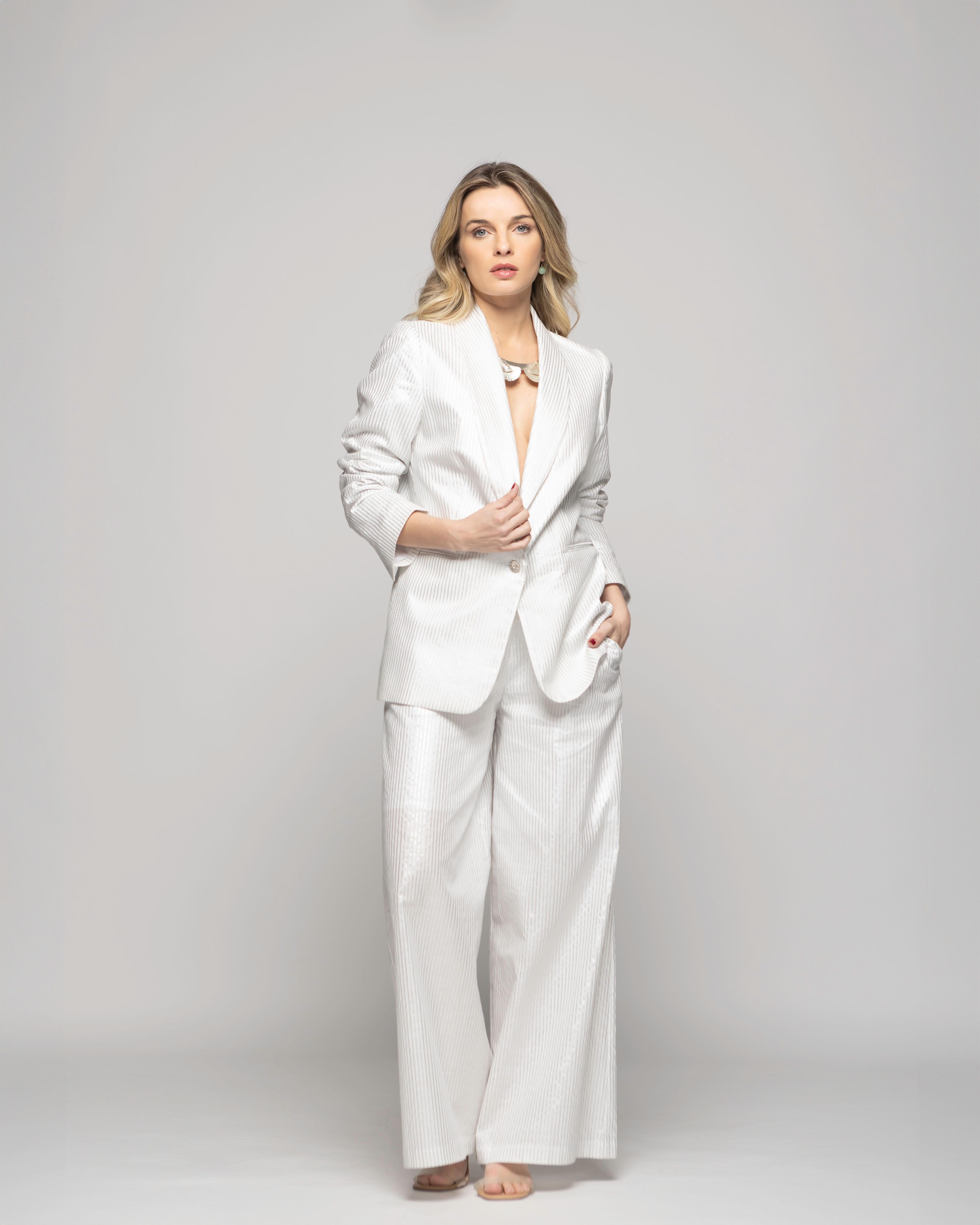 Blazer Mujer Iris Largo Clásico Algodón Folia Blanco Ludovica-0