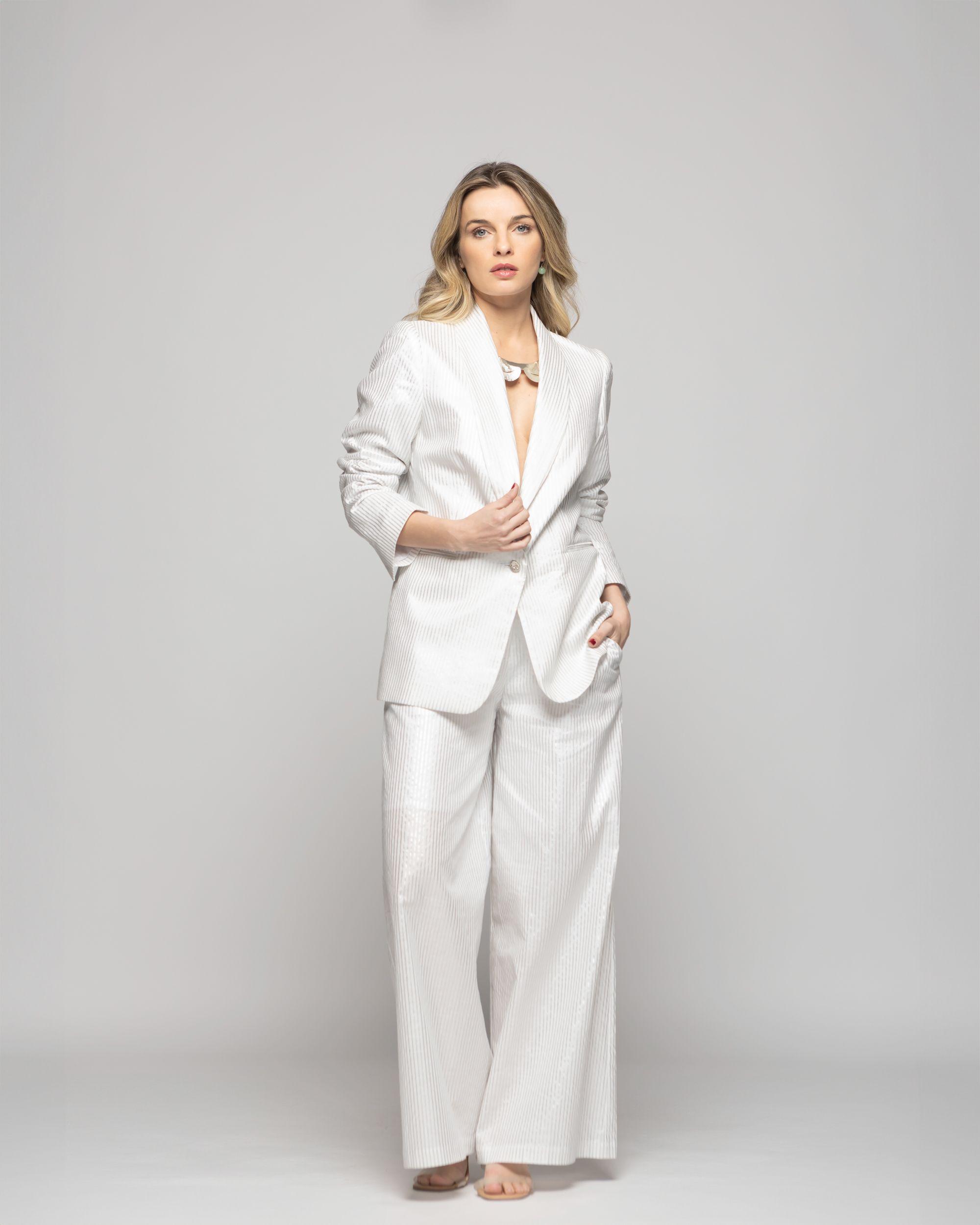 Blazer Mujer Iris Largo Clásico Algodón Folia Blanco Ludovica-1