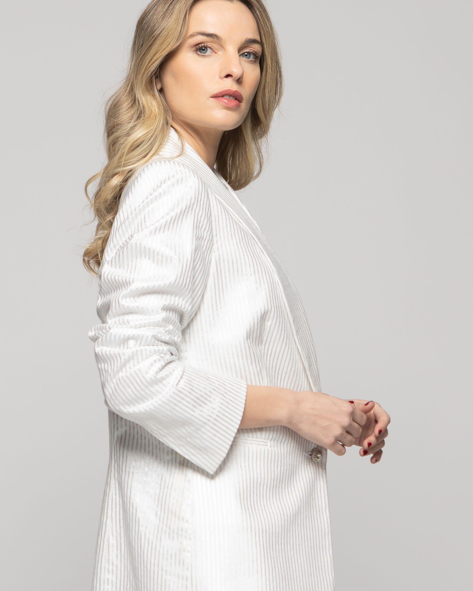 Blazer Mujer Iris Largo Clásico Algodón Folia Blanco Ludovica-7
