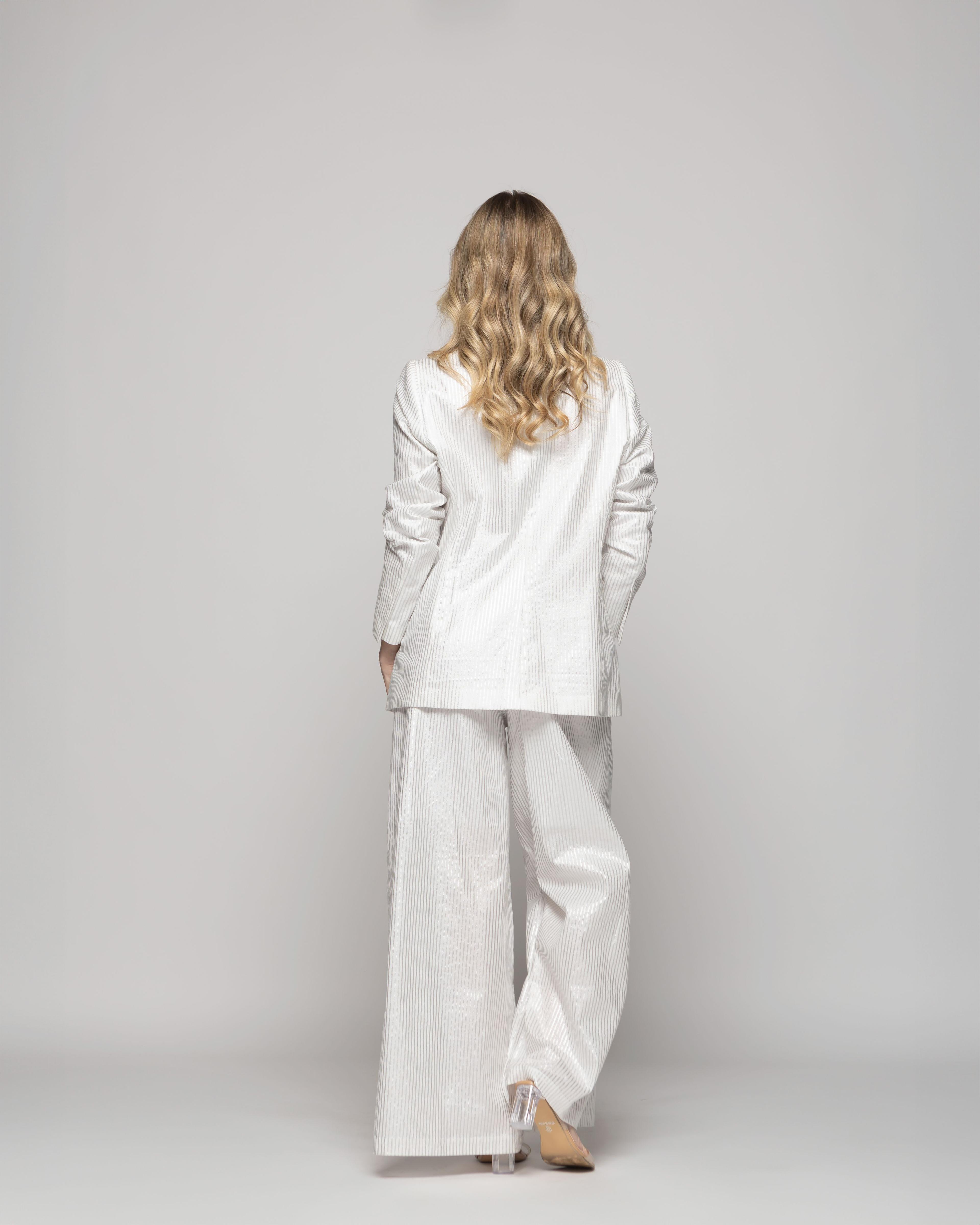 Blazer Mujer Iris Largo Clásico Algodón Folia Blanco Ludovica-8