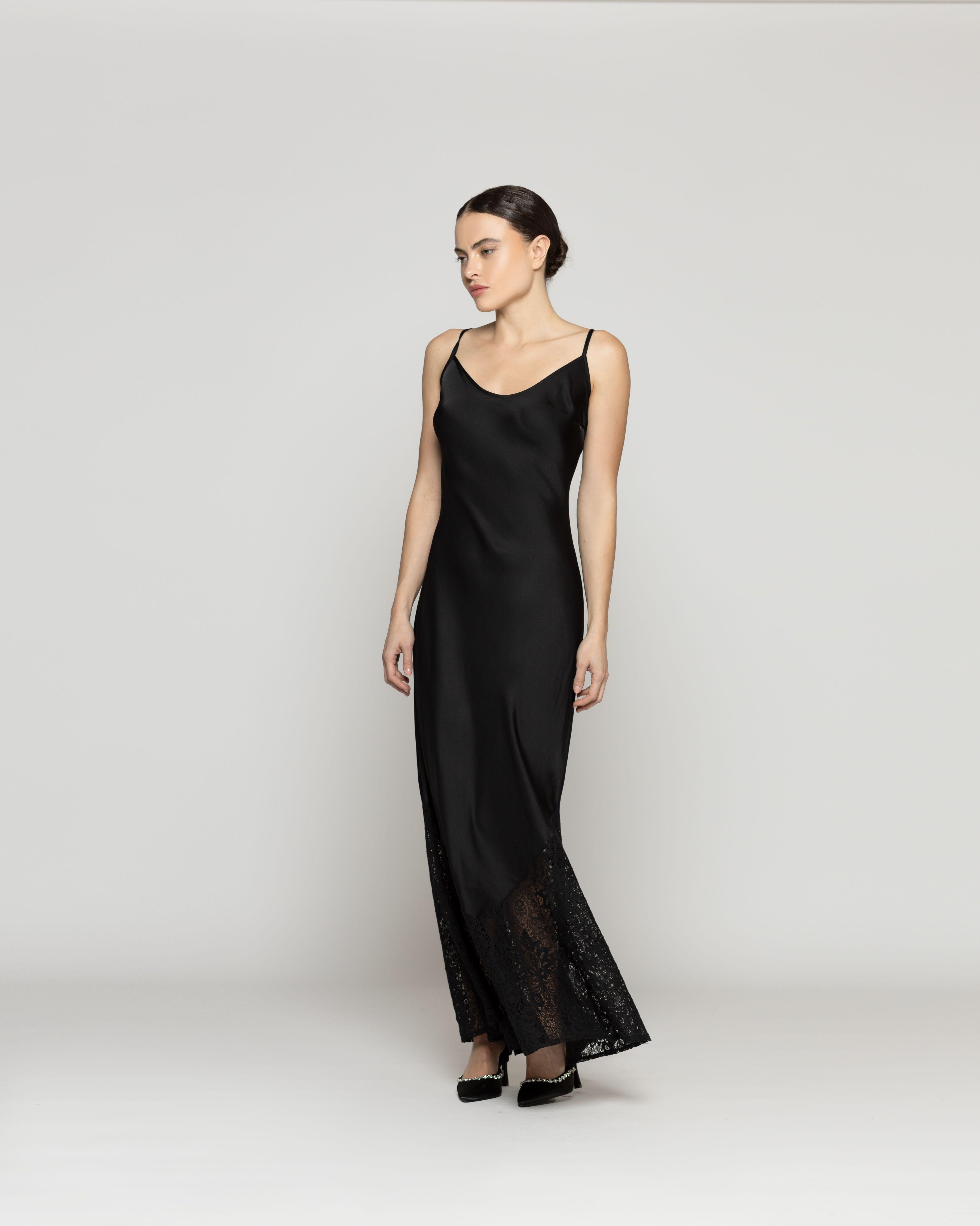 Vestido Mujer Violaine Tipo Satín Con Encaje Negro Lineatre-2