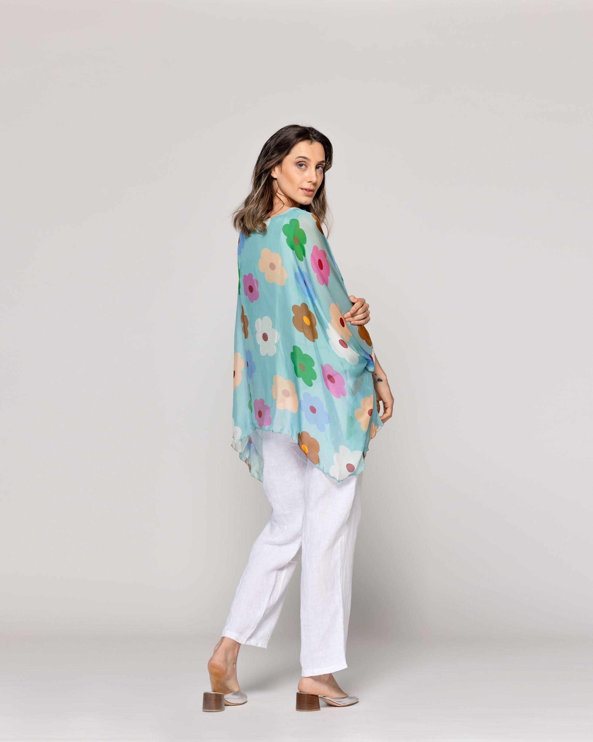 Blusa Mujer Berna Estampado Floral Y Mangas Amplias Verde Agua  Lineatre-2