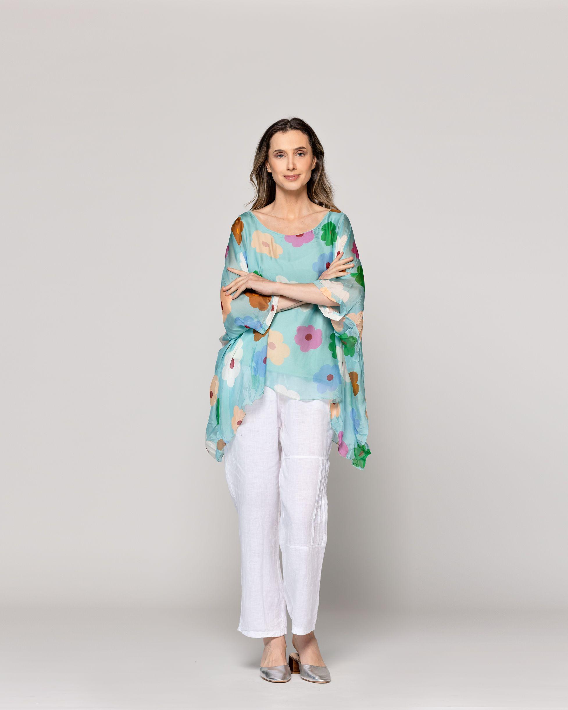Blusa Mujer Berna Estampado Floral Y Mangas Amplias Verde Agua  Lineatre-4