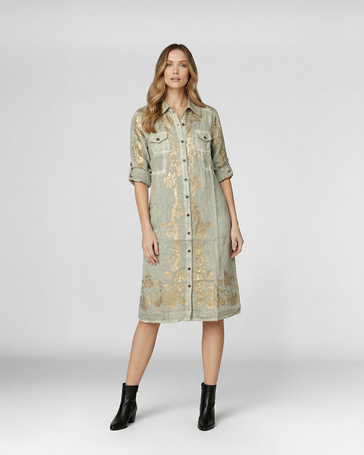 Vestido Mujer Angelica Cuello tipo camisa cierre Botones Fango Lineatre-2