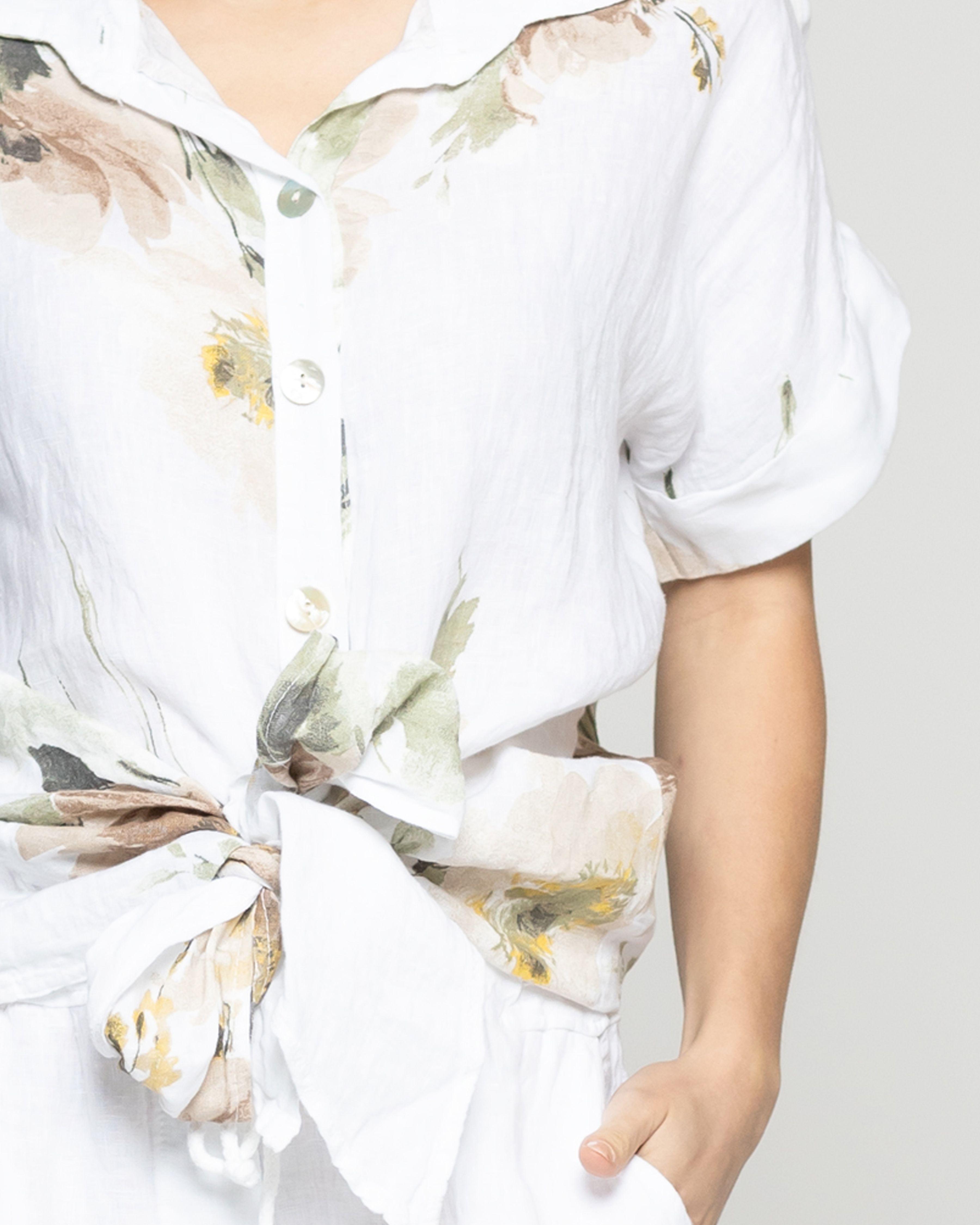 Blusa Mujer Bonnie de Lino Con Estampado de Flores Blanca Lineatre-2