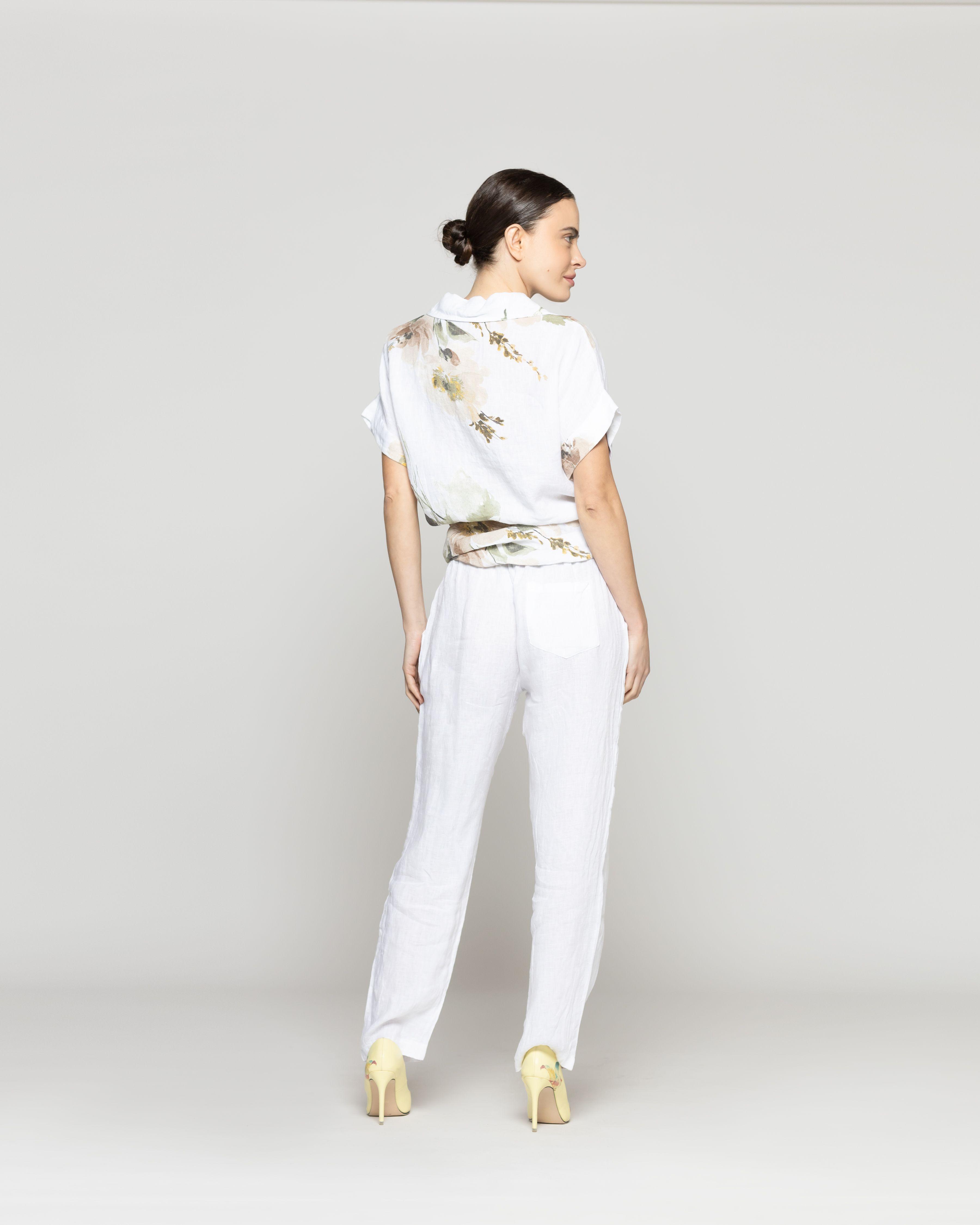 Blusa Mujer Bonnie de Lino Con Estampado de Flores Blanca Lineatre-3