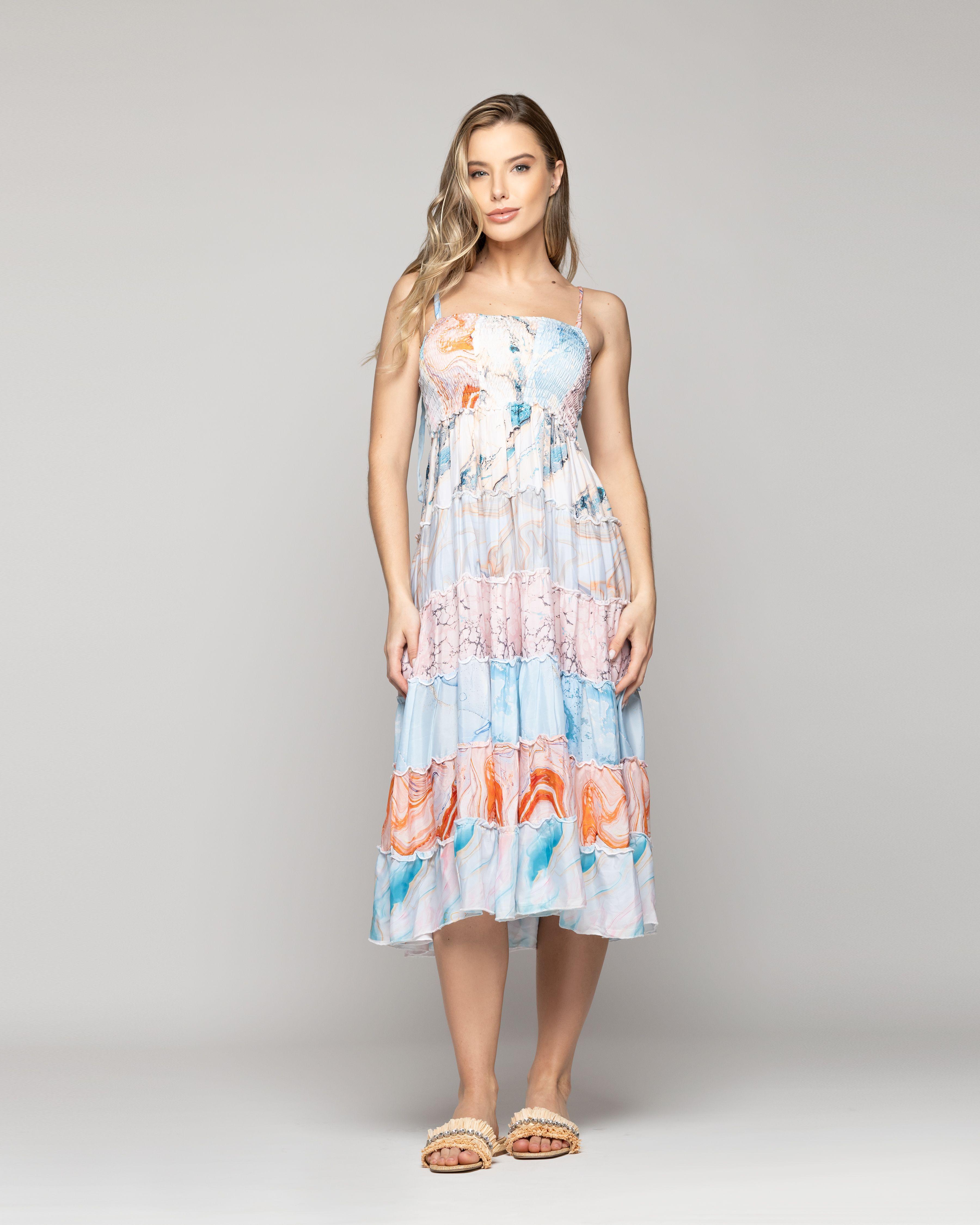 Vestido Mujer Velinda Con Vuelos Y Elasticado Estampado Celeste Lineatre-4