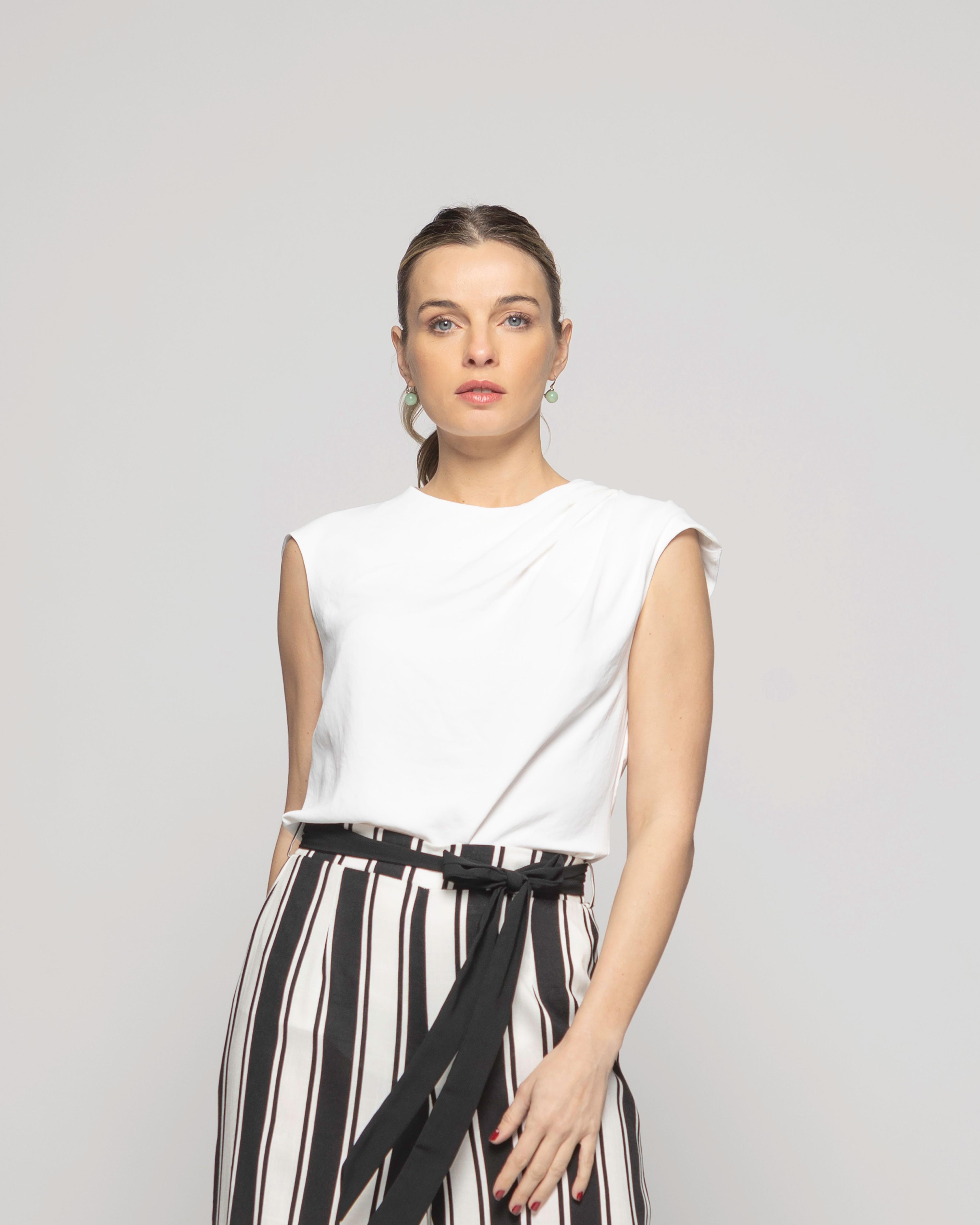 Blusa Mujer Bignonia Sin Mangas Cuello Drapeado Lisa Blanco Crudo Ludovica-2