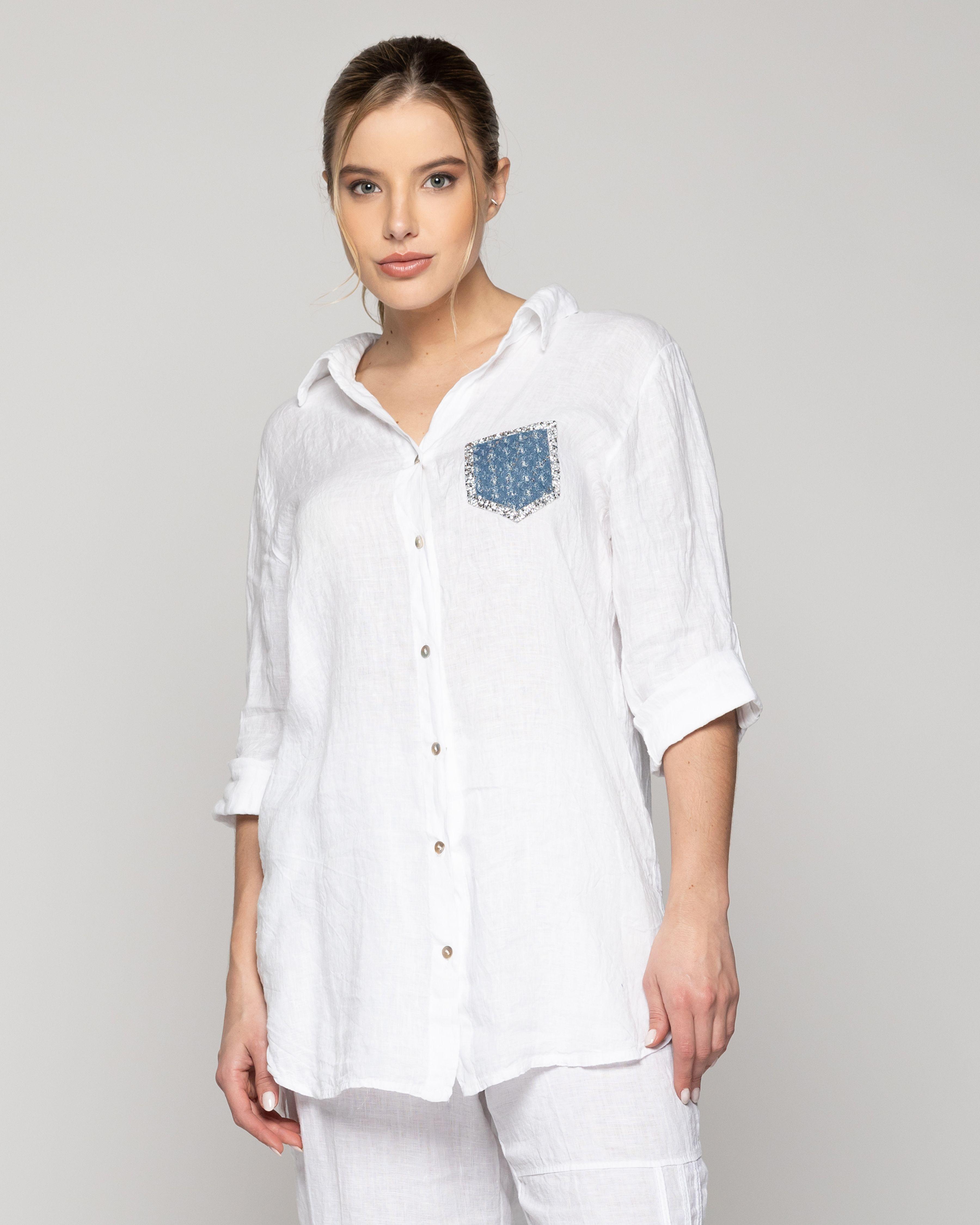 Blusa Mujer Benita De Lino Manga Larga Blanca Con Bolsillo Lineatre-0