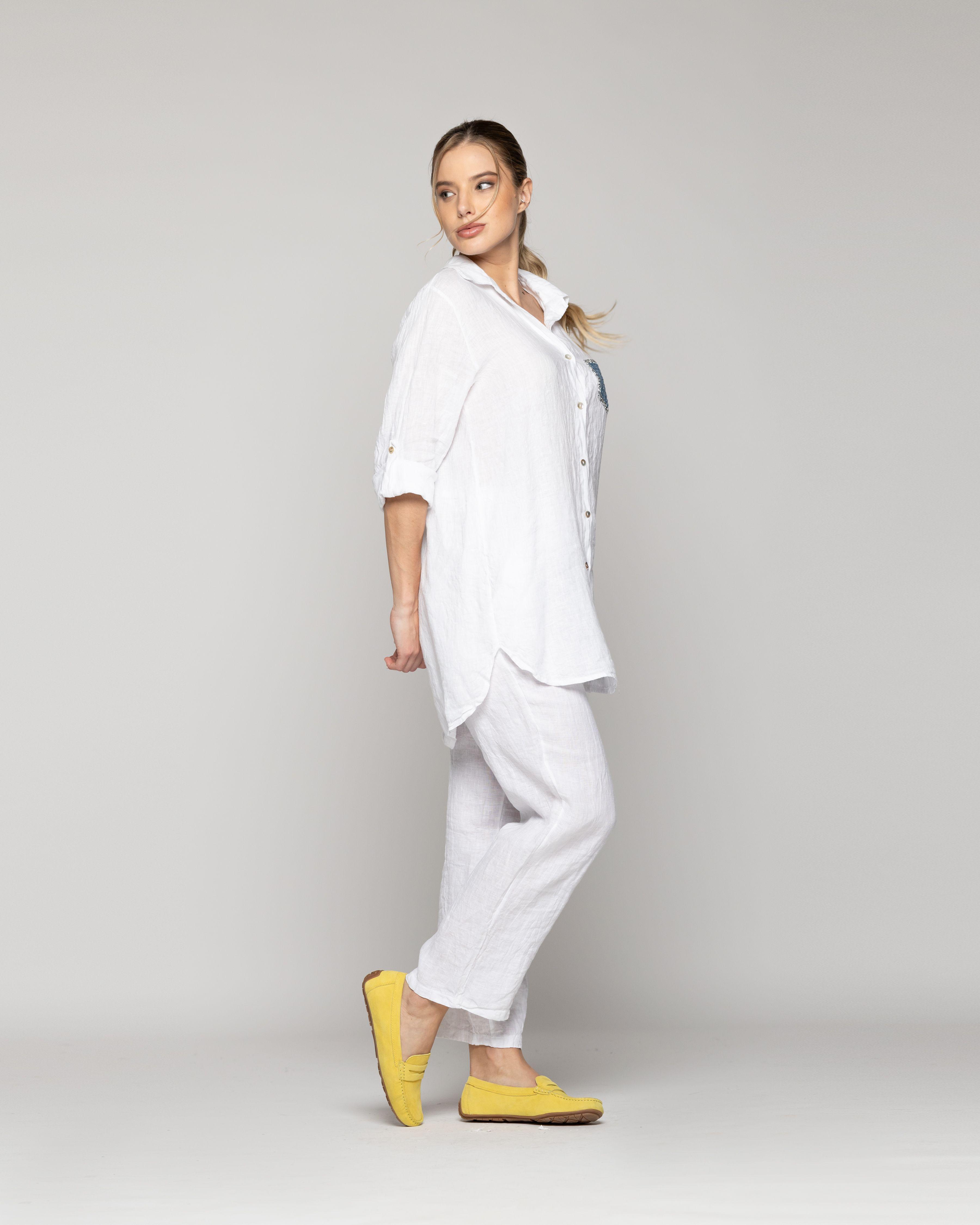 Blusa Mujer Benita De Lino Manga Larga Blanca Con Bolsillo Lineatre-1