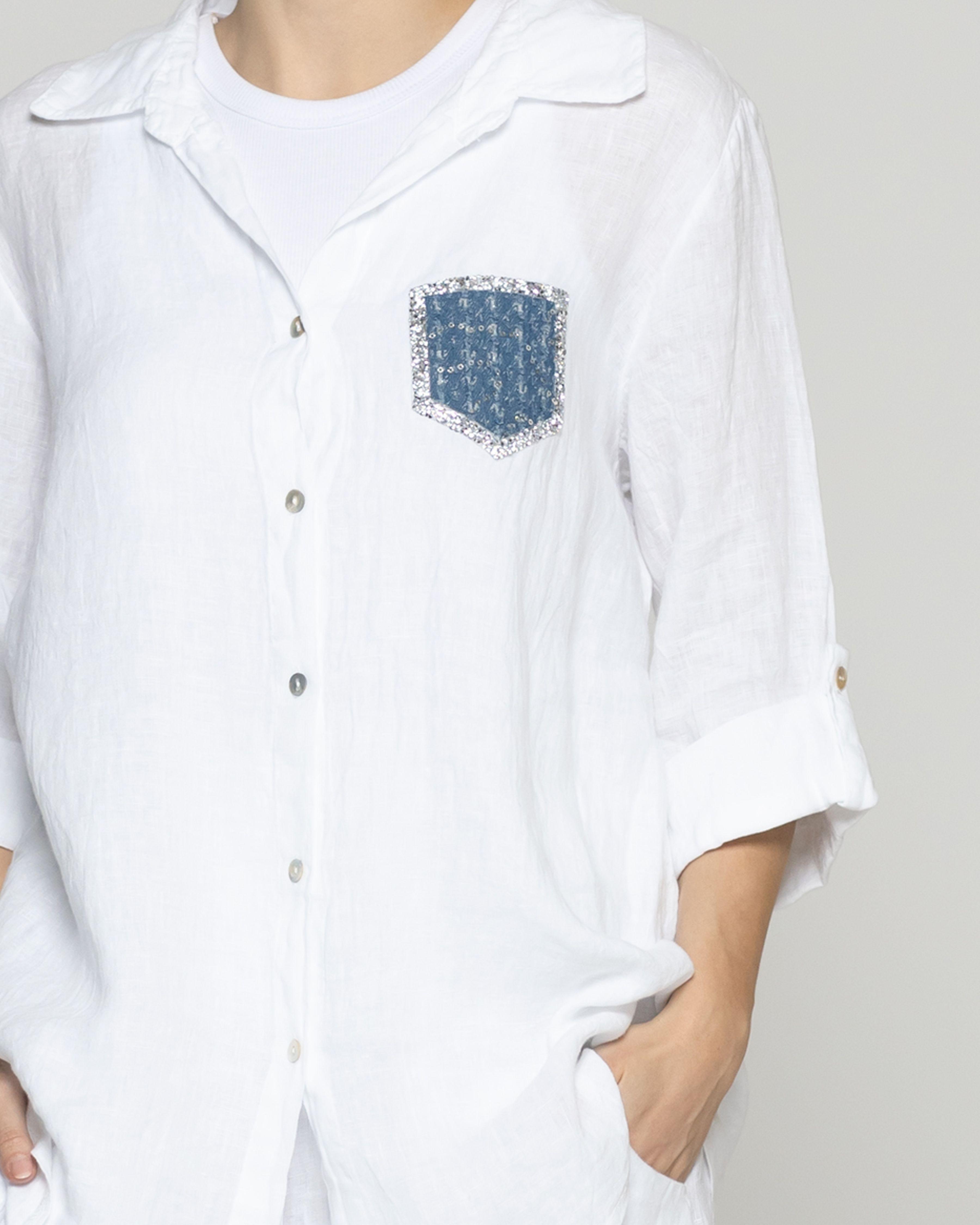 Blusa Mujer Benita De Lino Manga Larga Blanca Con Bolsillo Lineatre-2