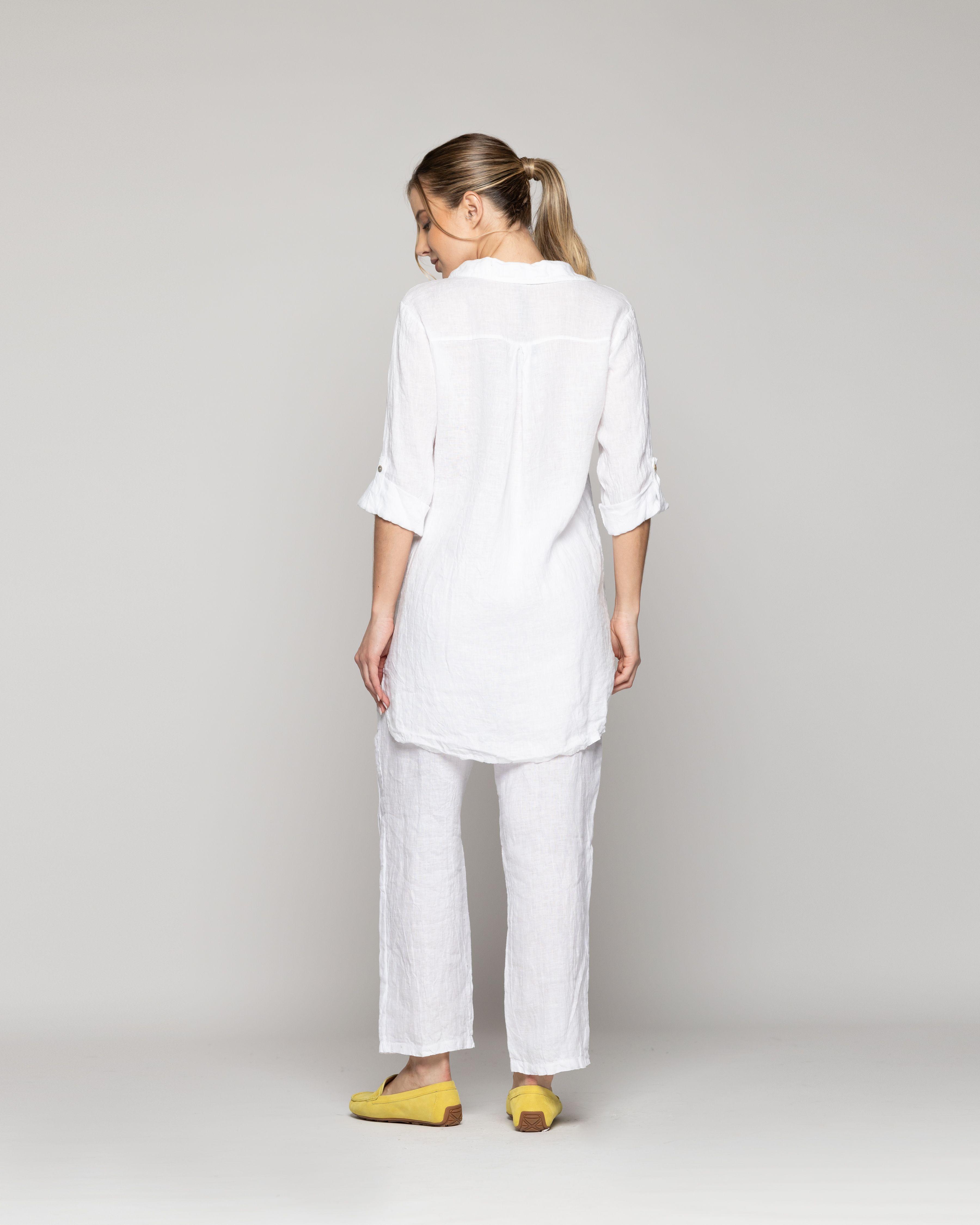 Blusa Mujer Benita De Lino Manga Larga Blanca Con Bolsillo Lineatre-3