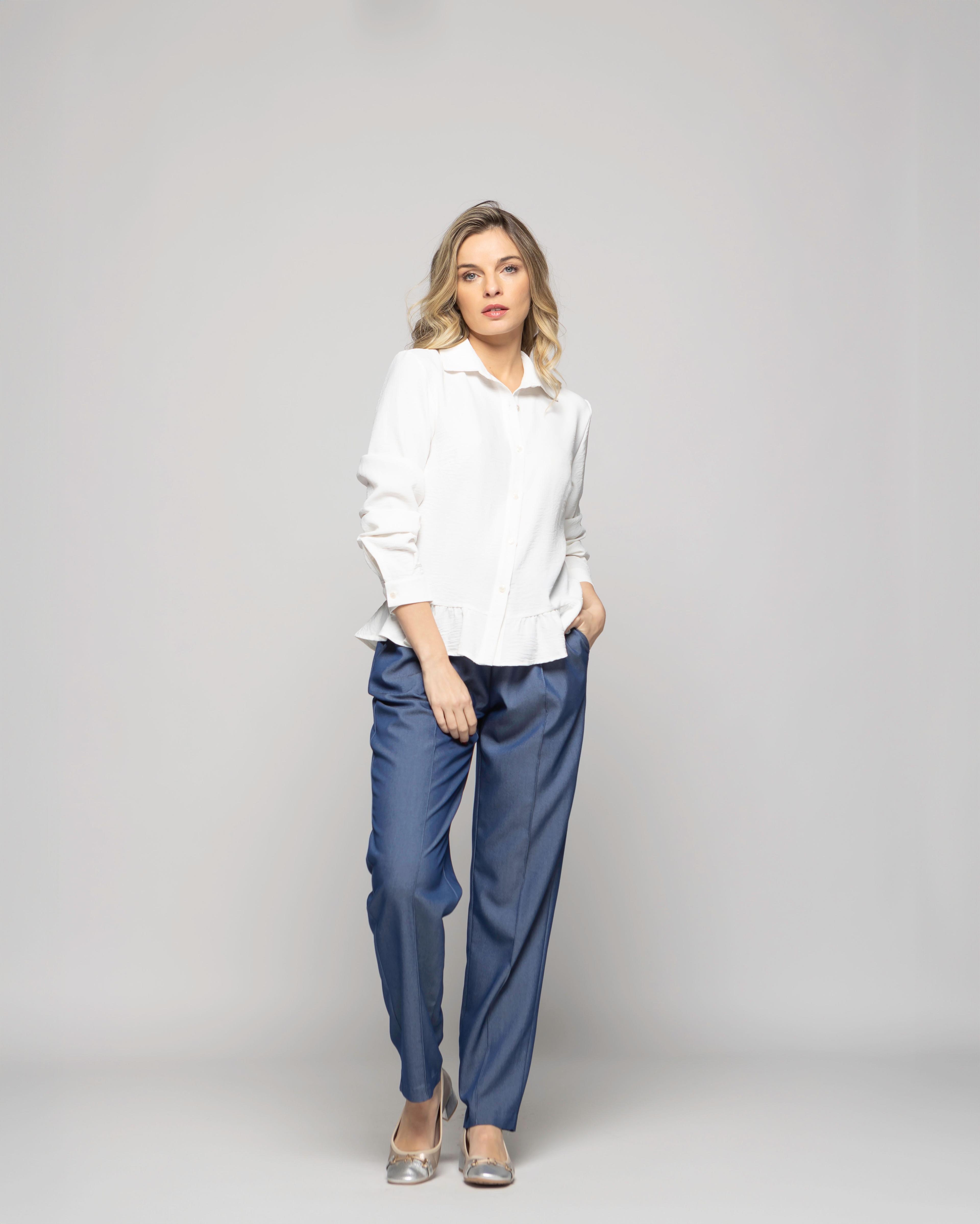 Blusa Mujer Cala Camisera Lisa Con Volante En Basta Blanca Crudo Ludovica-0