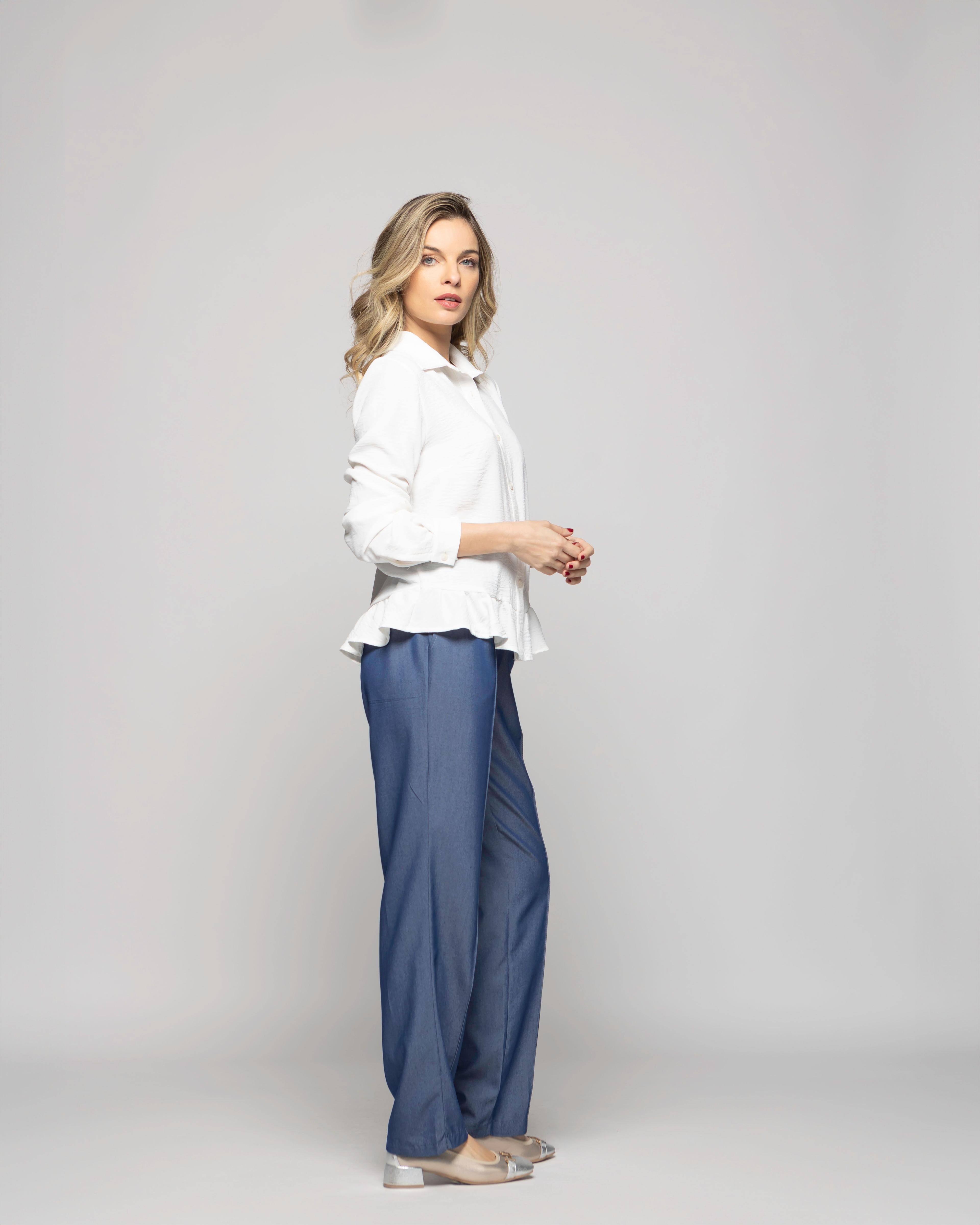 Blusa Mujer Cala Camisera Lisa Con Volante En Basta Blanca Crudo Ludovica-2