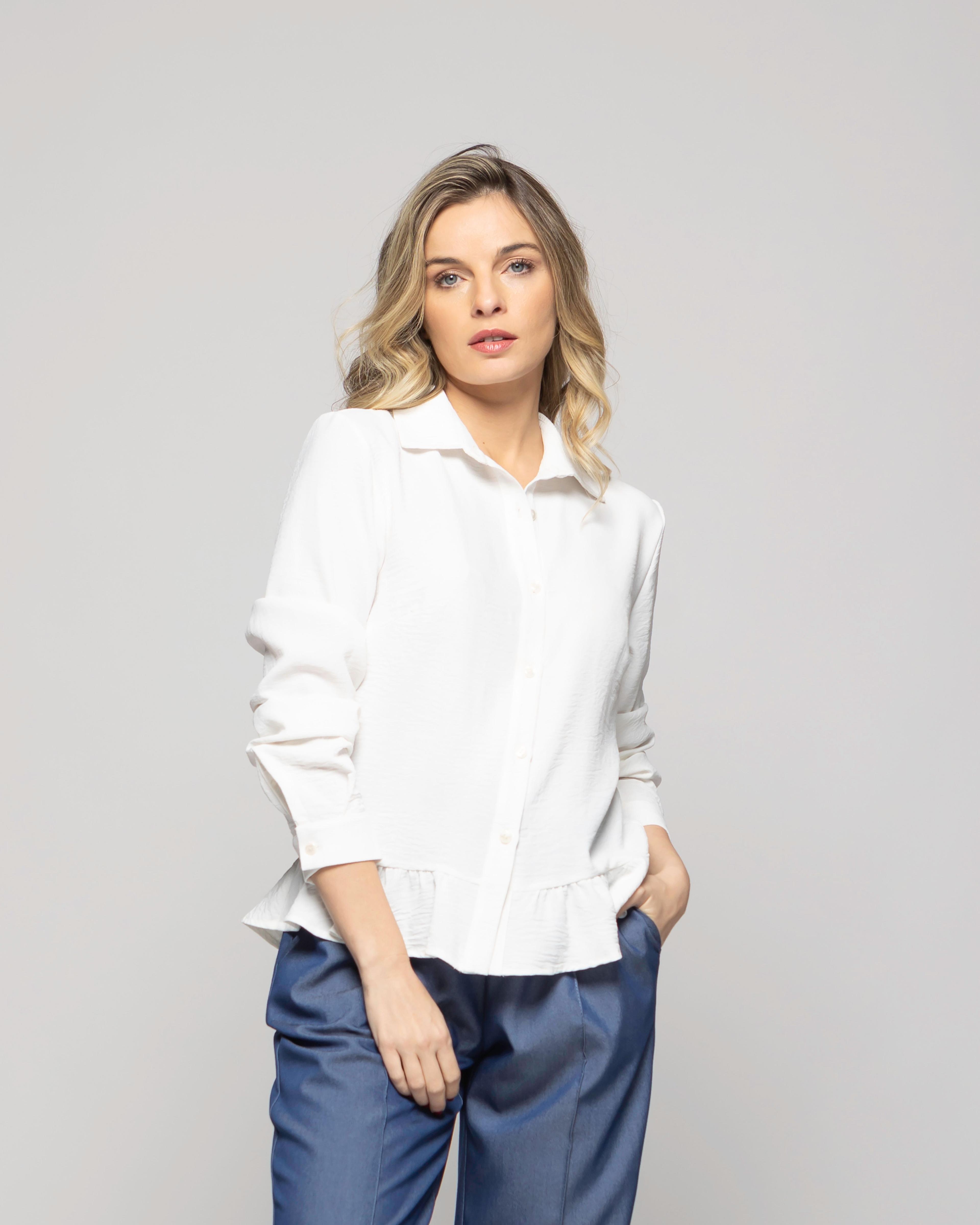 Blusa Mujer Cala Camisera Lisa Con Volante En Basta Blanca Crudo Ludovica-2
