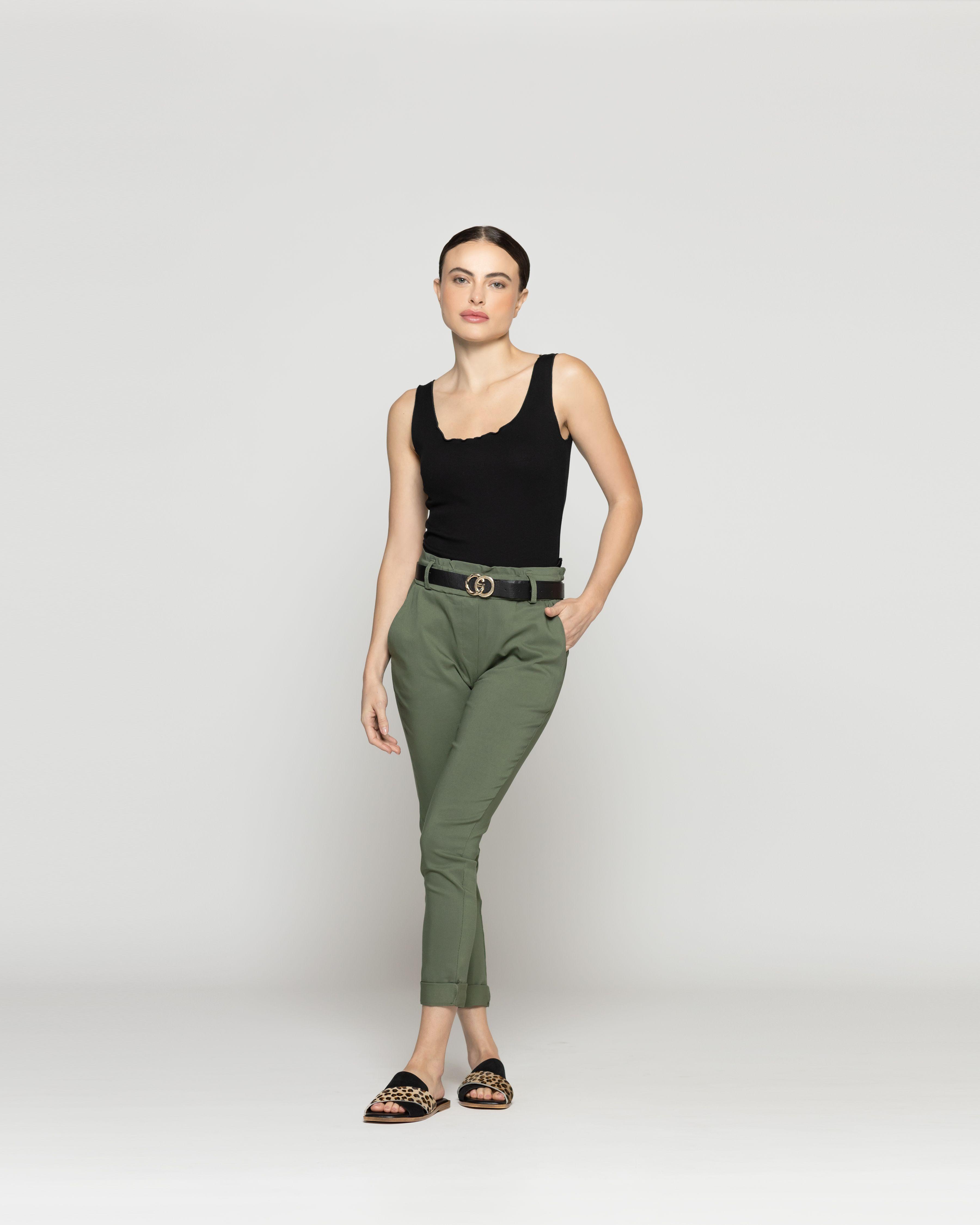 Pantalón Mujer Petra Pitillo Con Cinturón Verde Militar Lineatre-0