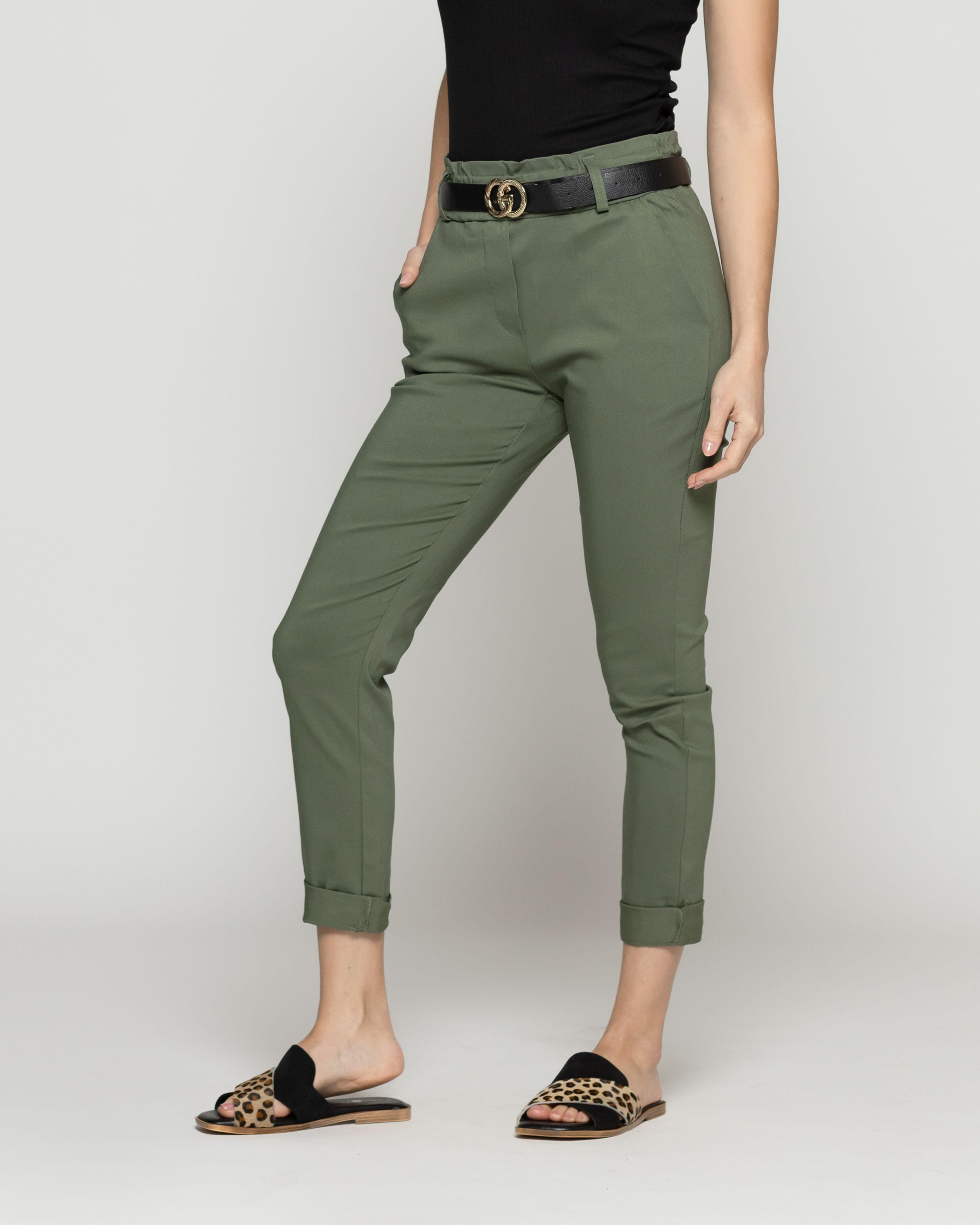 Pantalón Mujer Petra Pitillo Con Cinturón Verde Militar Lineatre-1