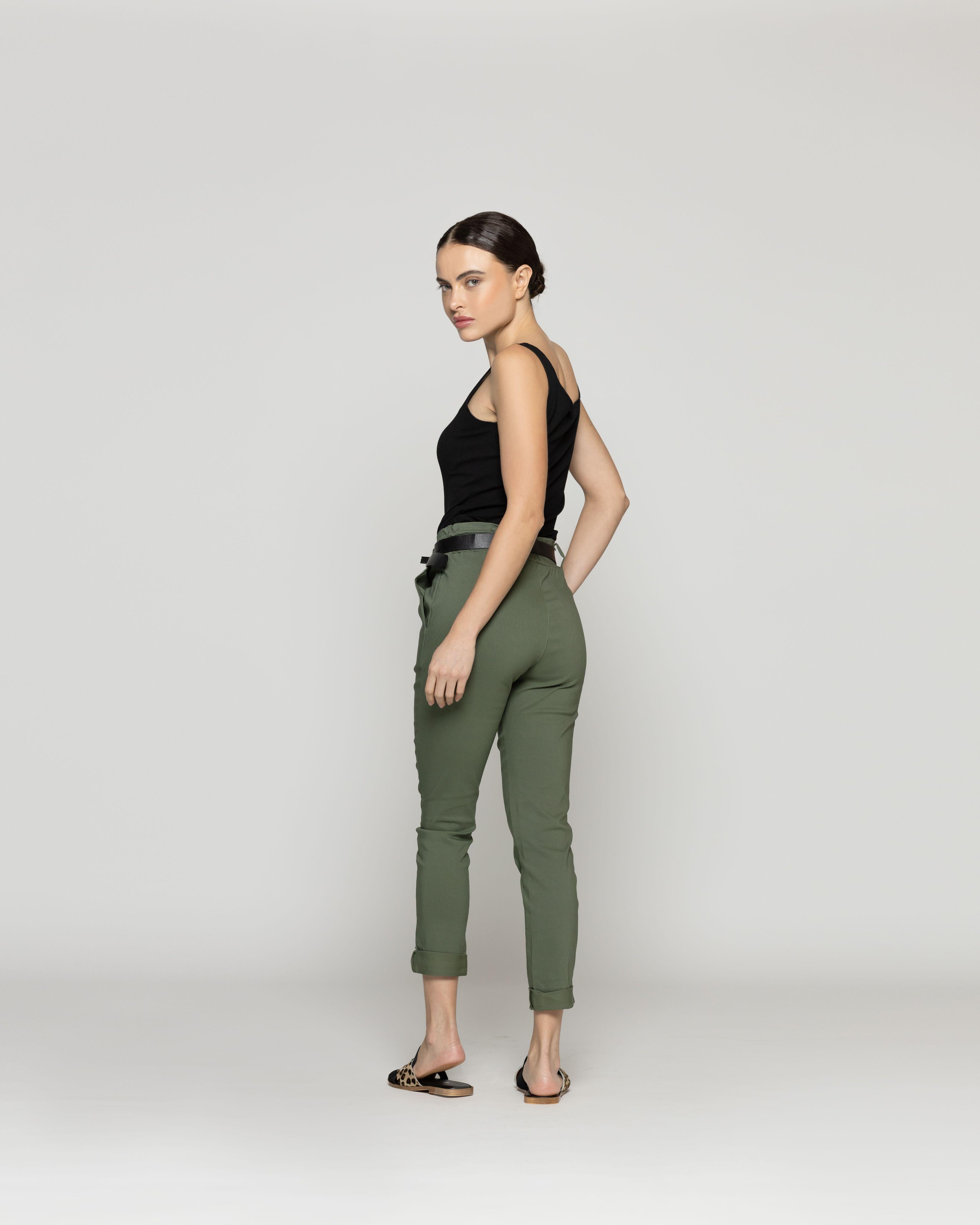 Pantalón Mujer Petra Pitillo Con Cinturón Verde Militar Lineatre-2