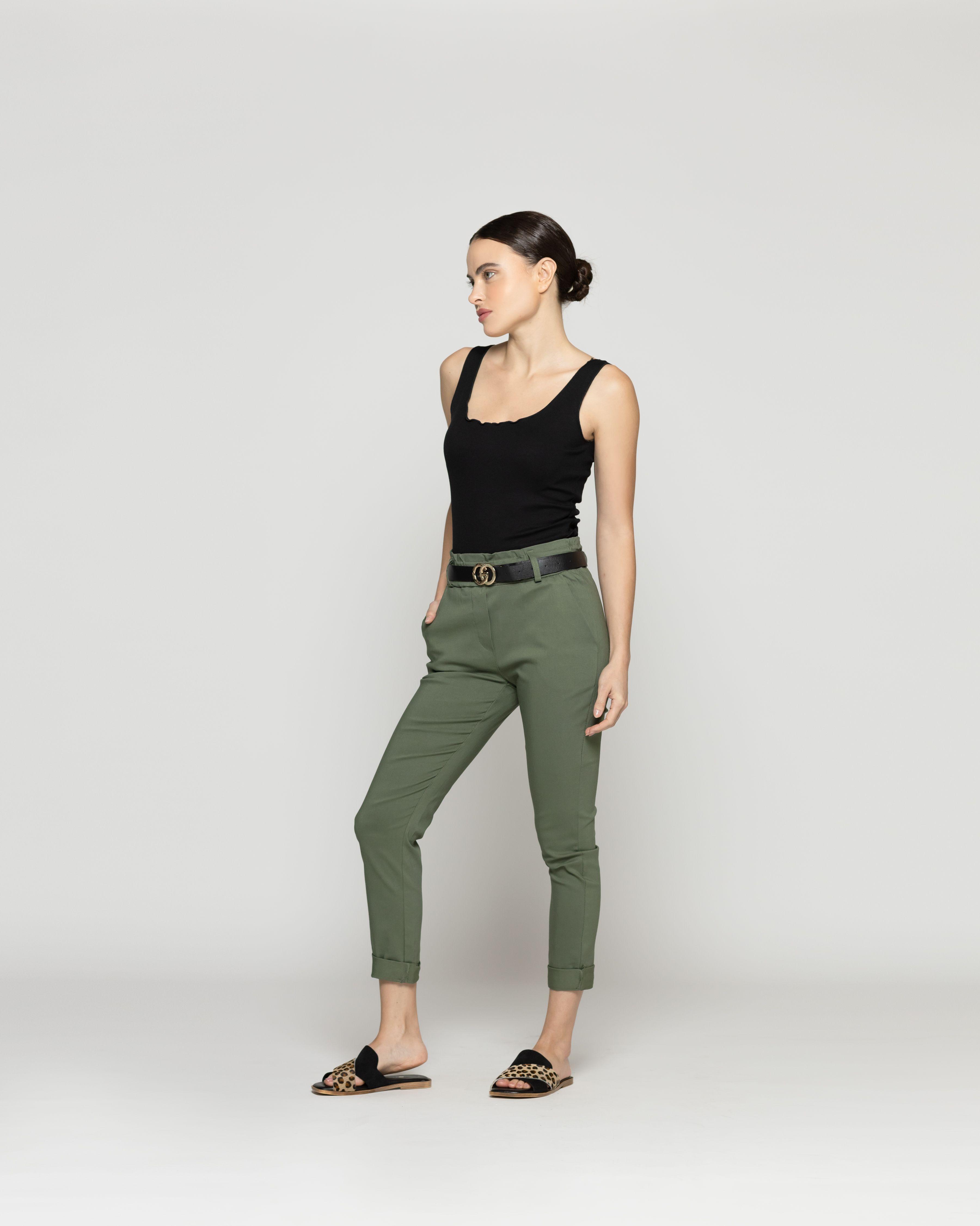 Pantalón Mujer Petra Pitillo Con Cinturón Verde Militar Lineatre-4