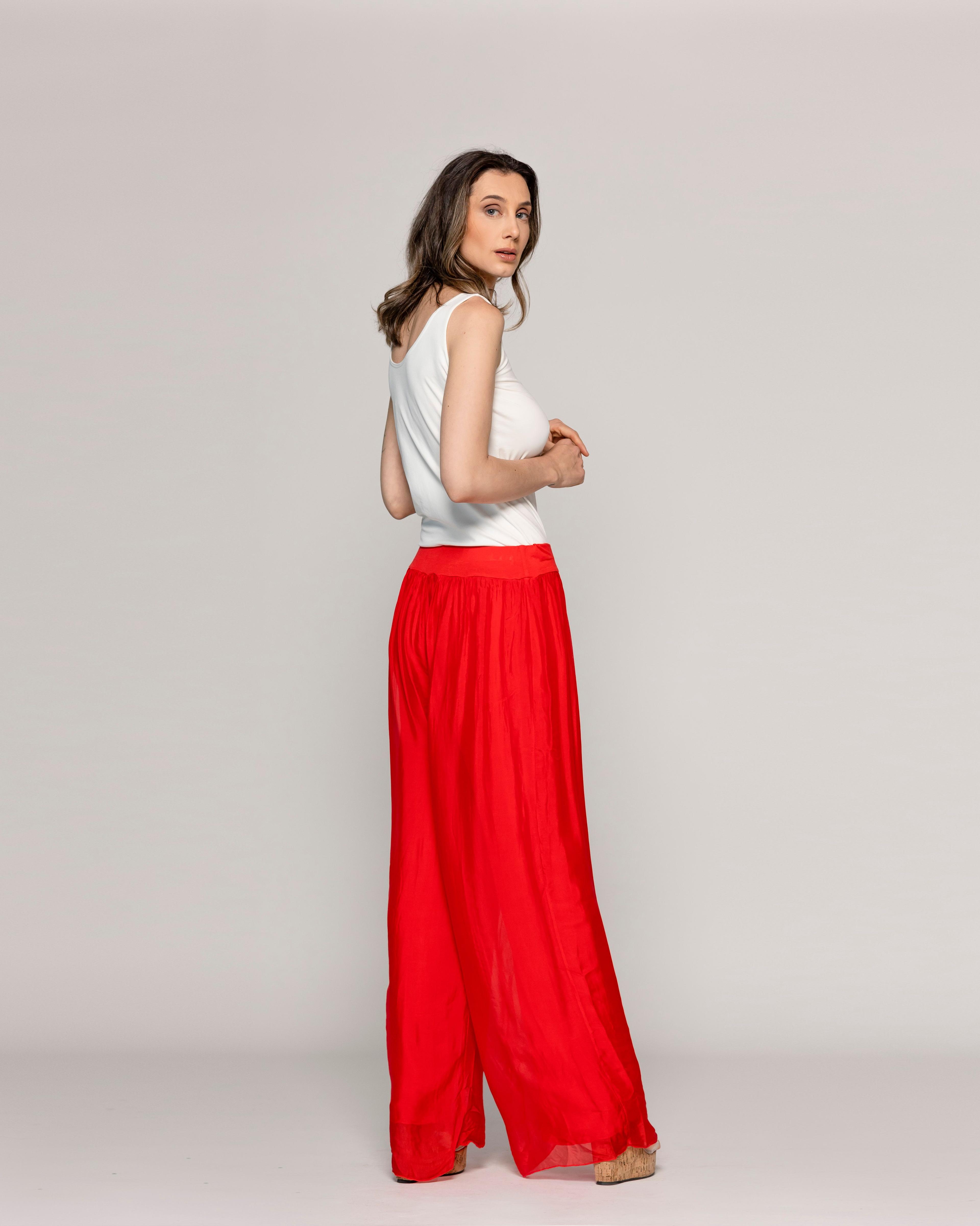 Pantalón Mujer Perla Palazzo Tipo Satín Rojo Lineatre-2