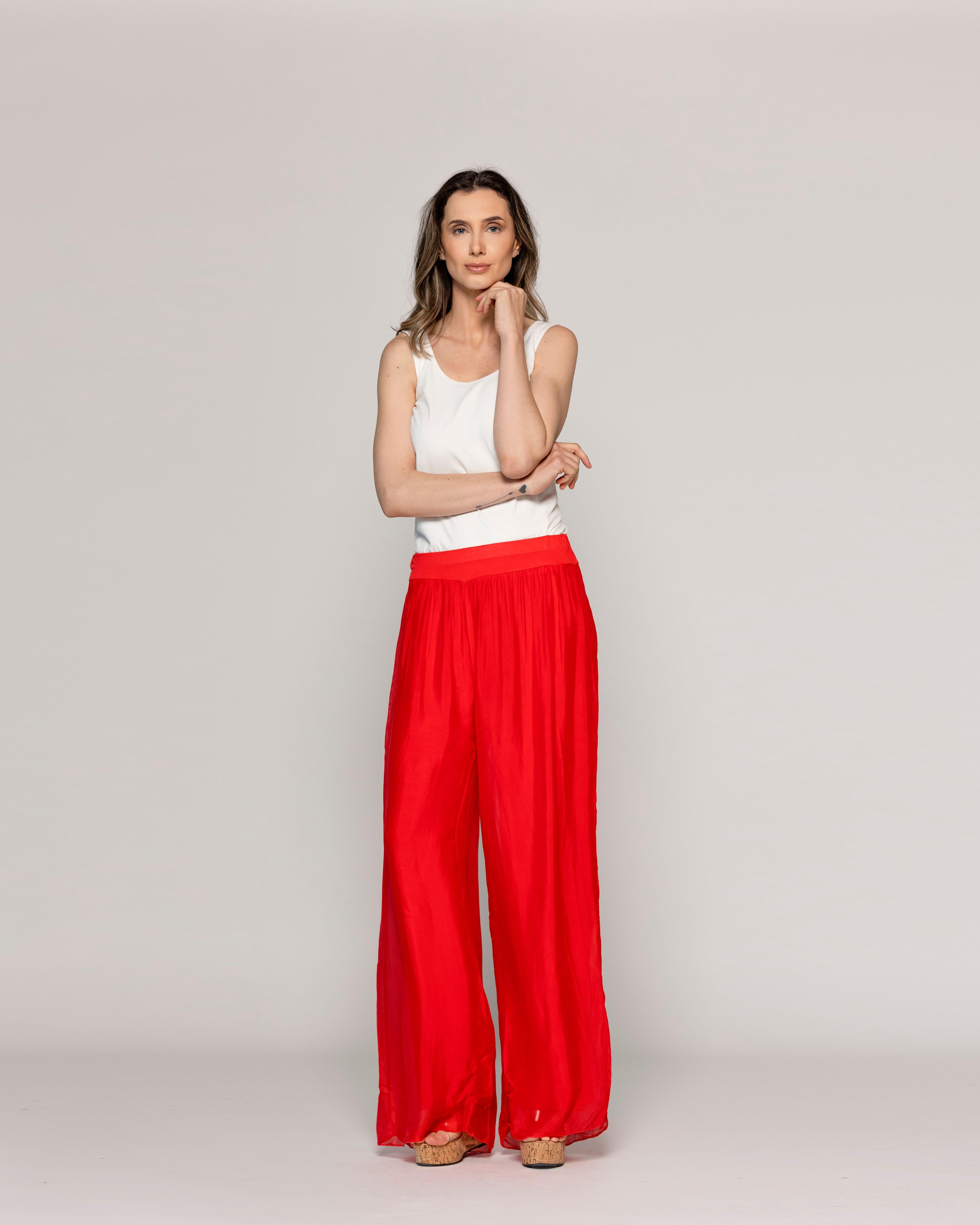 Pantalón Mujer Perla Palazzo Tipo Satín Rojo Lineatre-4