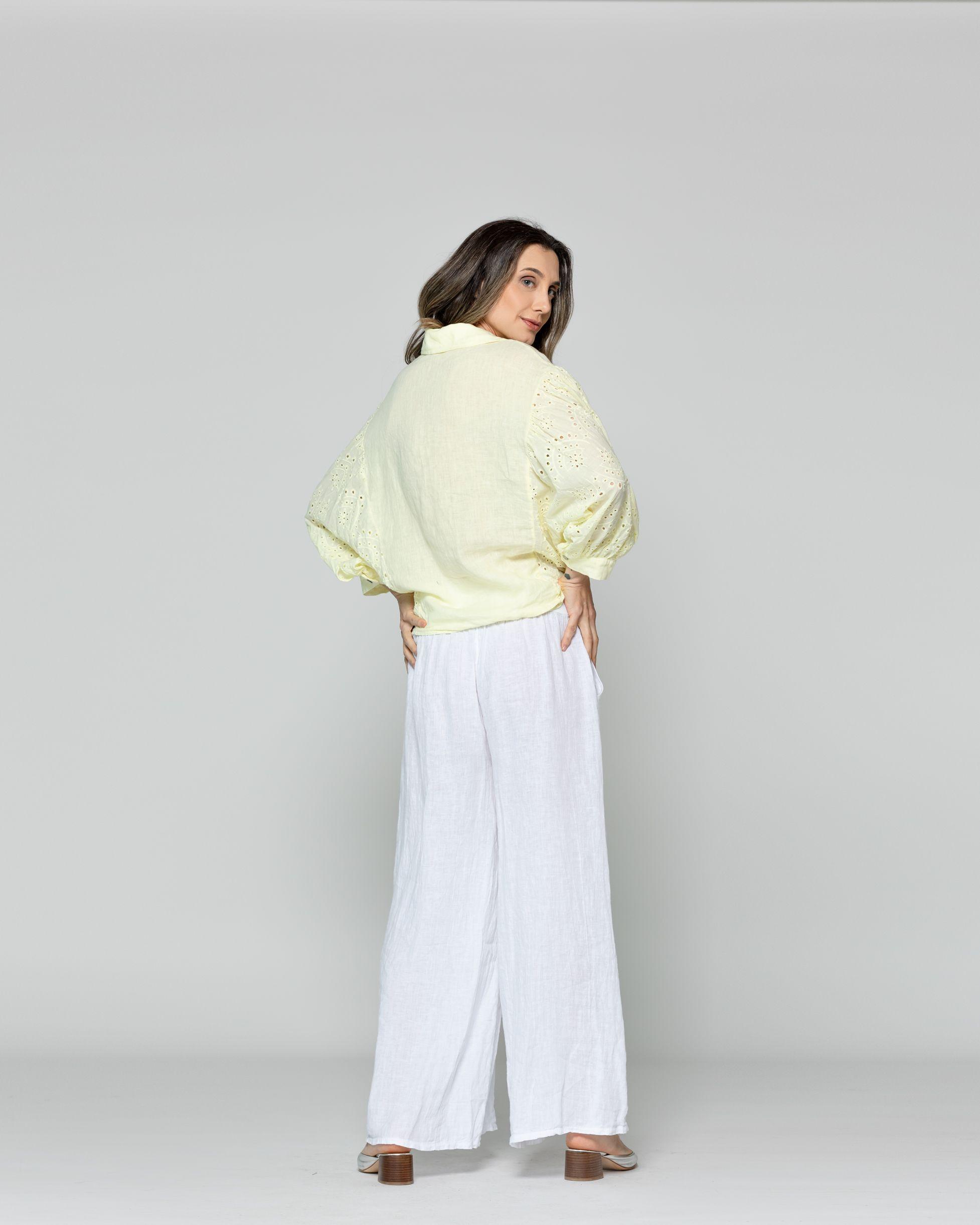 Blusa Mujer Benilda Lino Con Broderie Ajustable En La Cintura Amarilla Lineatre-2