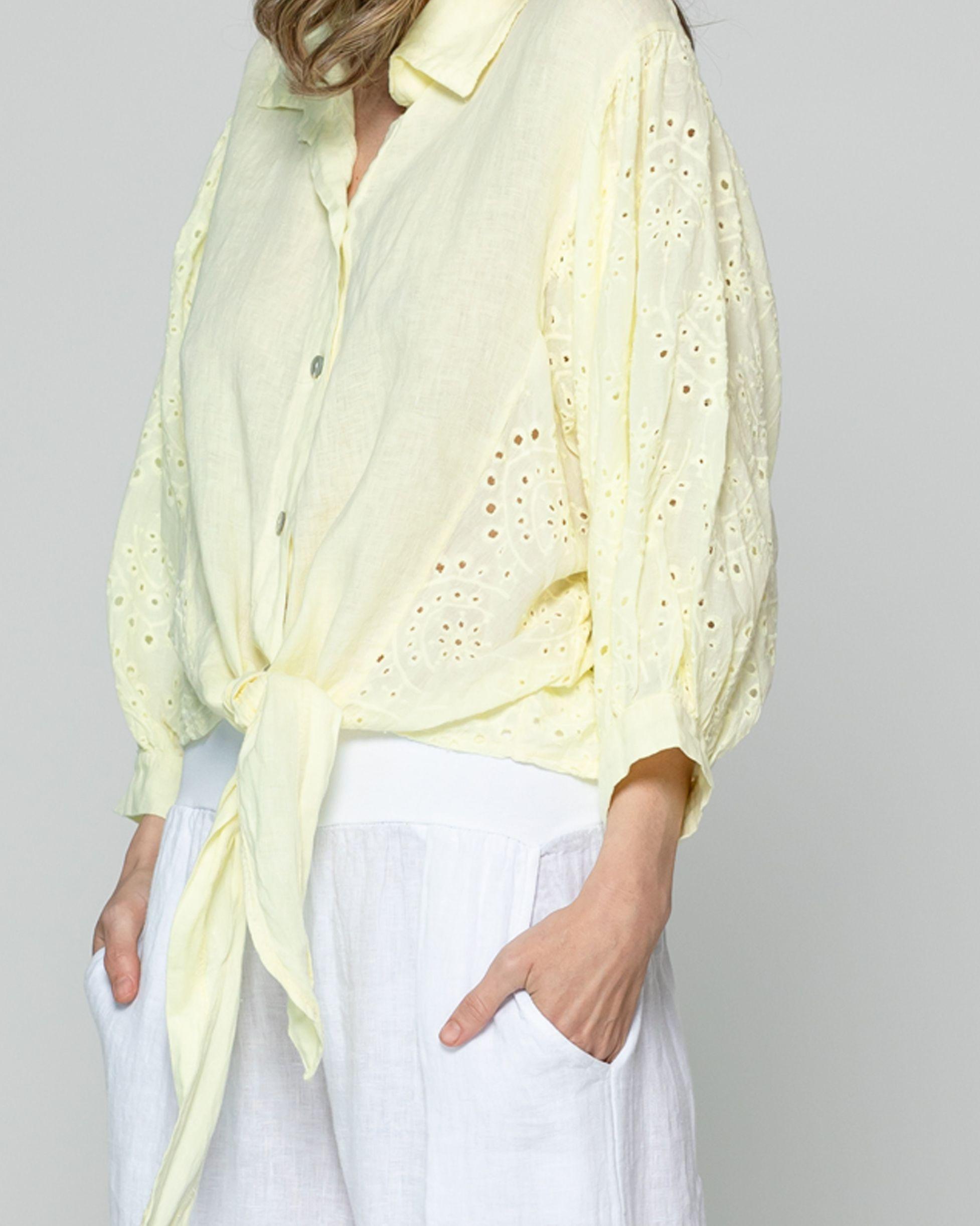 Blusa Mujer Benilda Lino Con Broderie Ajustable En La Cintura Amarilla Lineatre-3