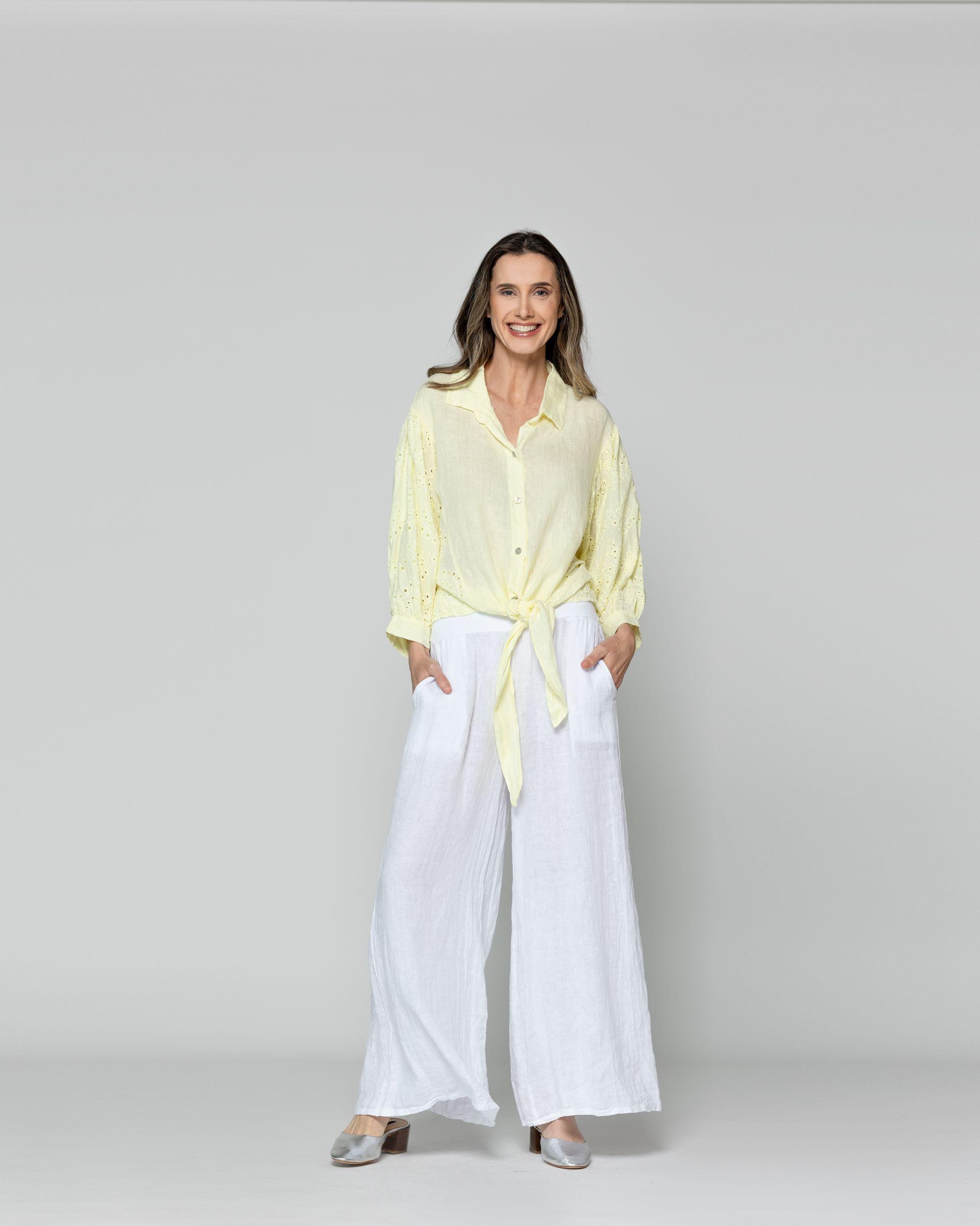 Blusa Mujer Benilda Lino Con Broderie Ajustable En La Cintura Amarilla Lineatre-4