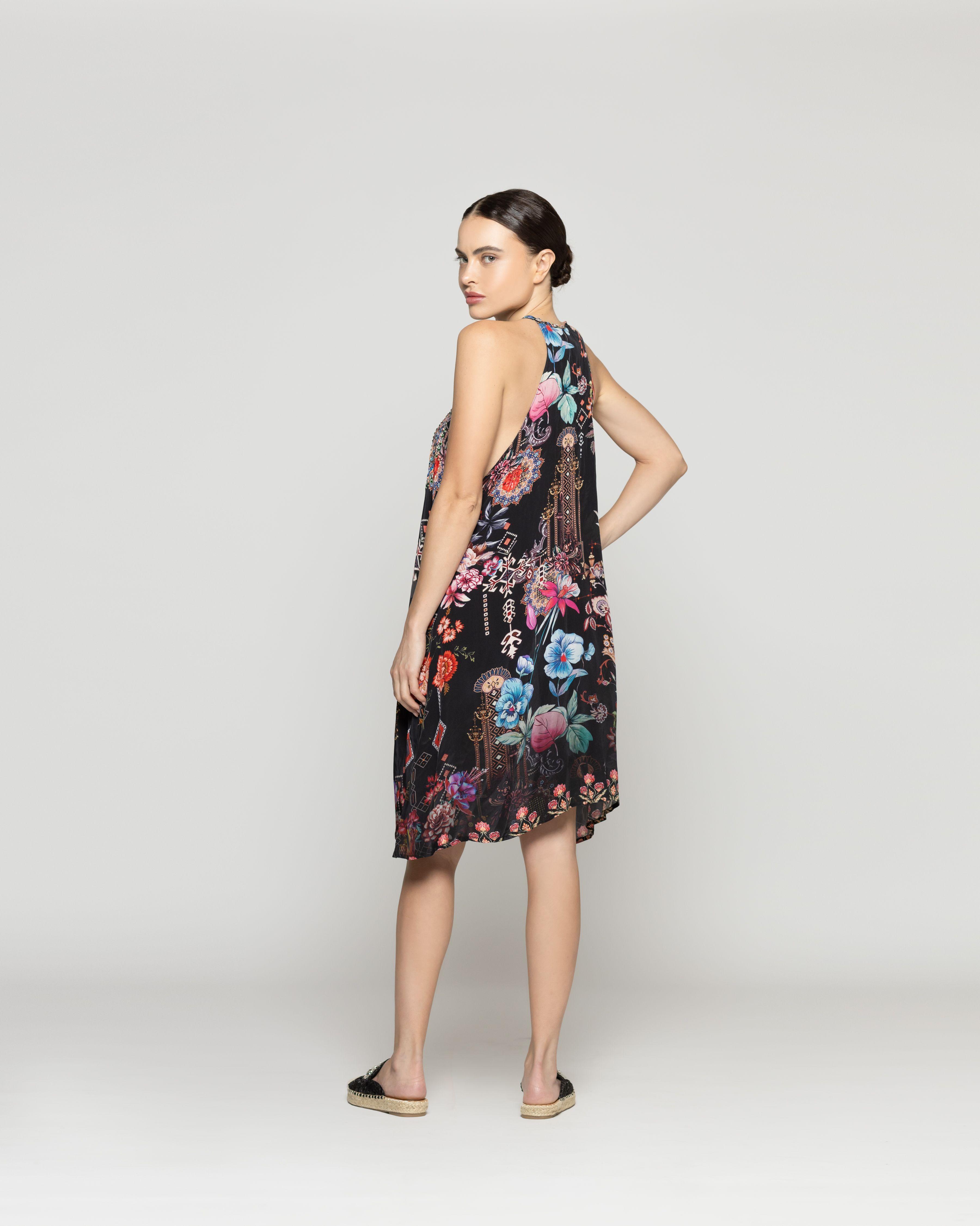 Vestido Mujer Varya Corto Cuello Halter Estampado Negro Lineatre-2
