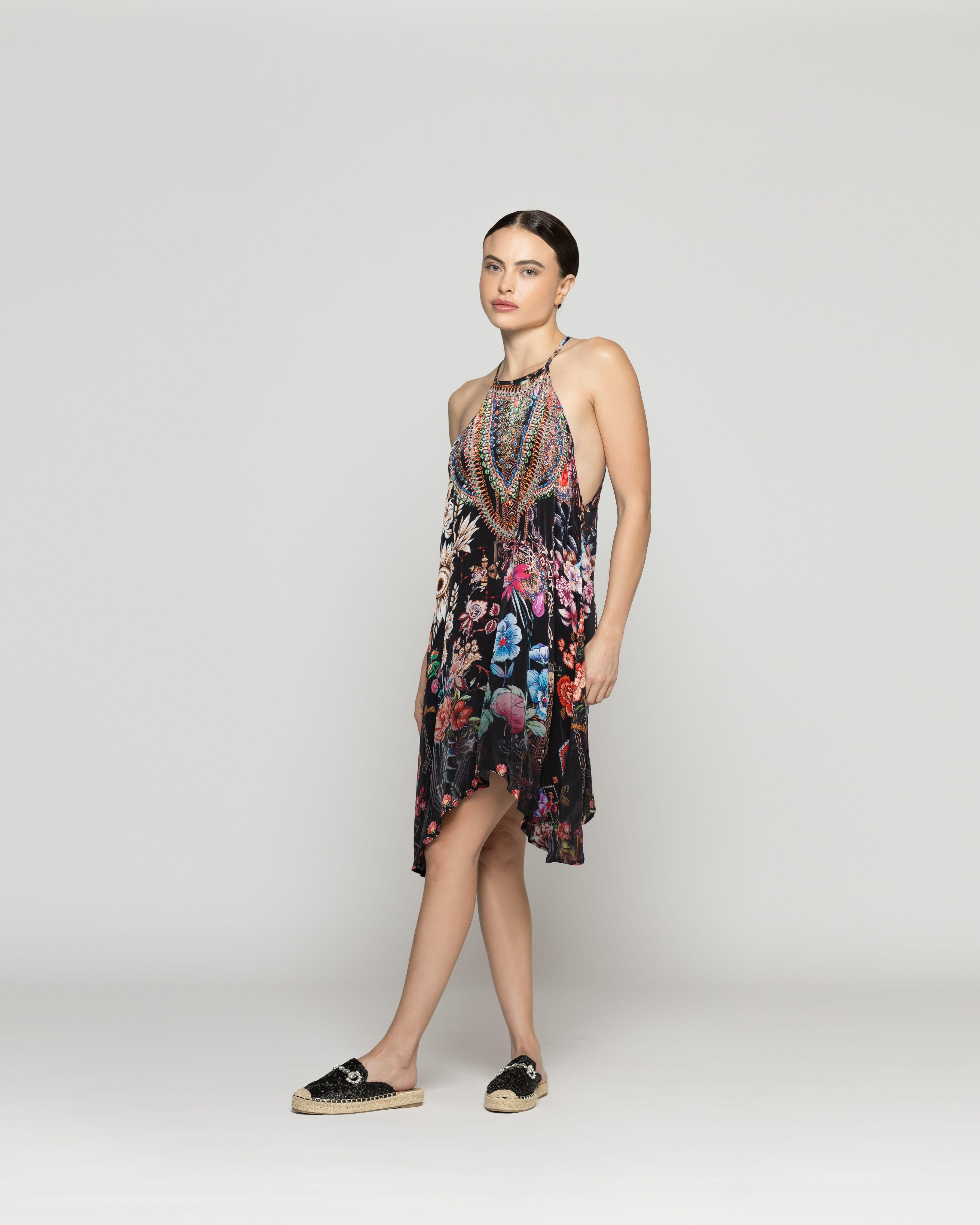 Vestido Mujer Varya Corto Cuello Halter Estampado Negro Lineatre-4