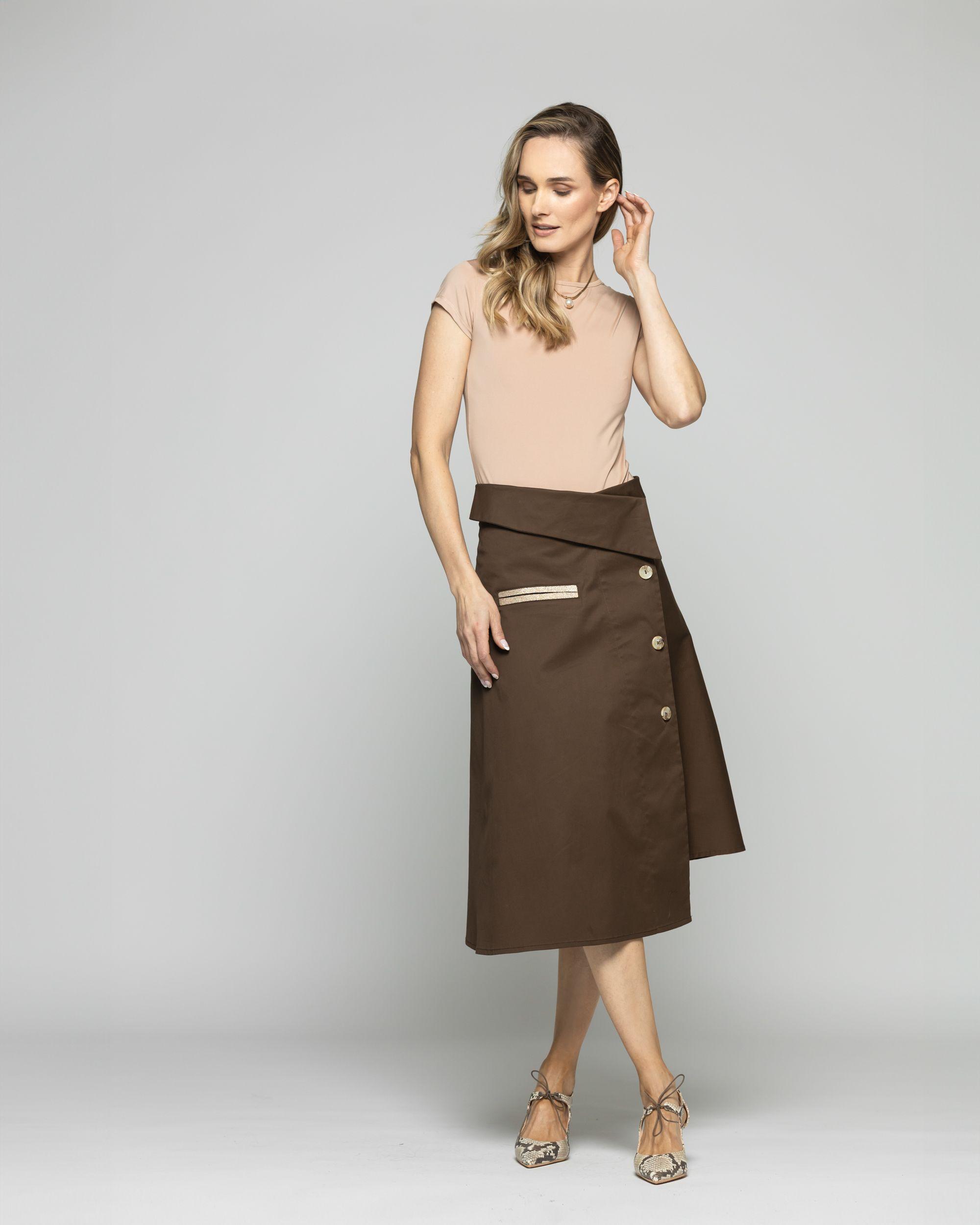 Falda Mujer Margarita Midi Asimétrica Con Botones Café Chocolate Ludovica-2