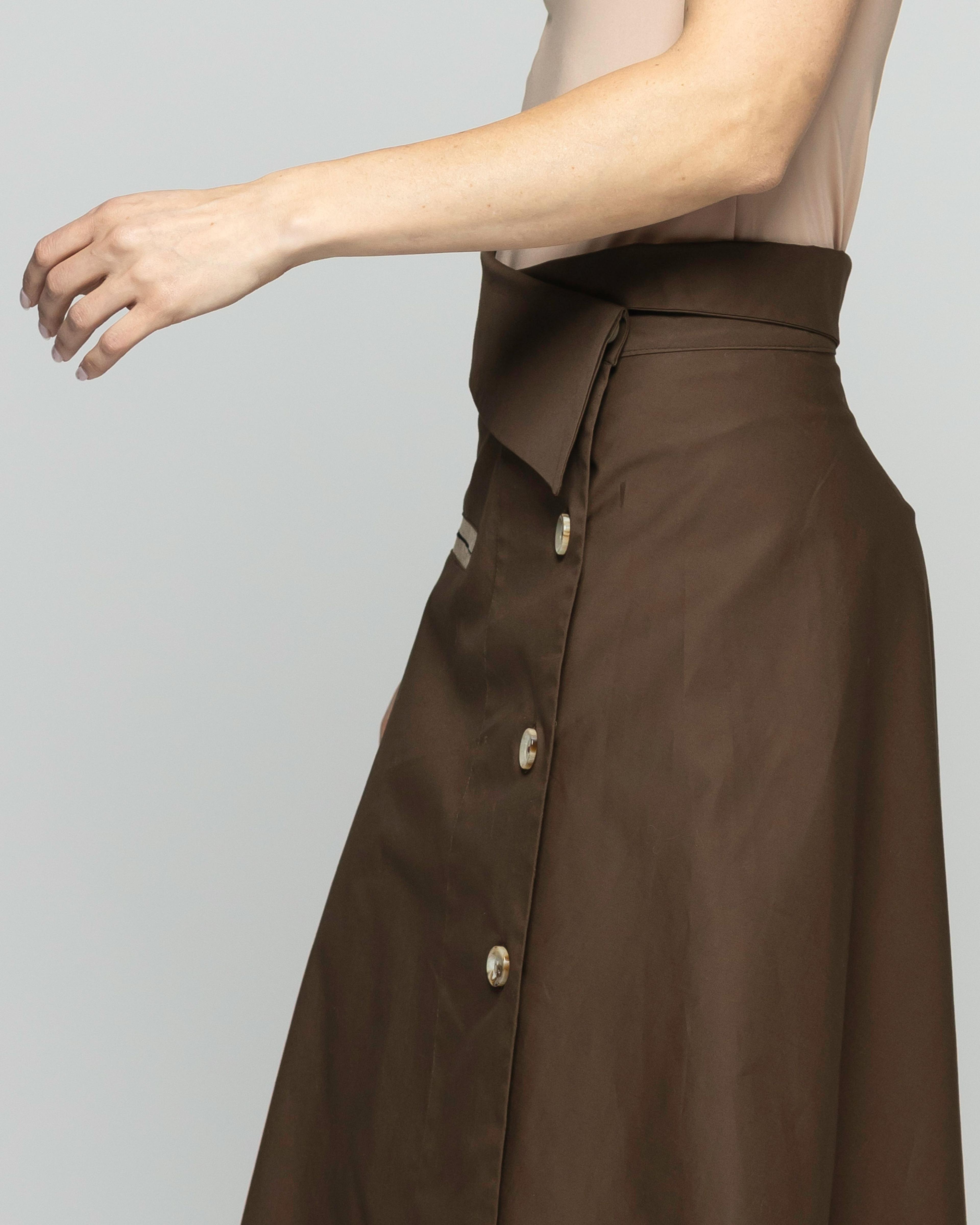 Falda Mujer Margarita Midi Asimétrica Con Botones Café Chocolate Ludovica-7