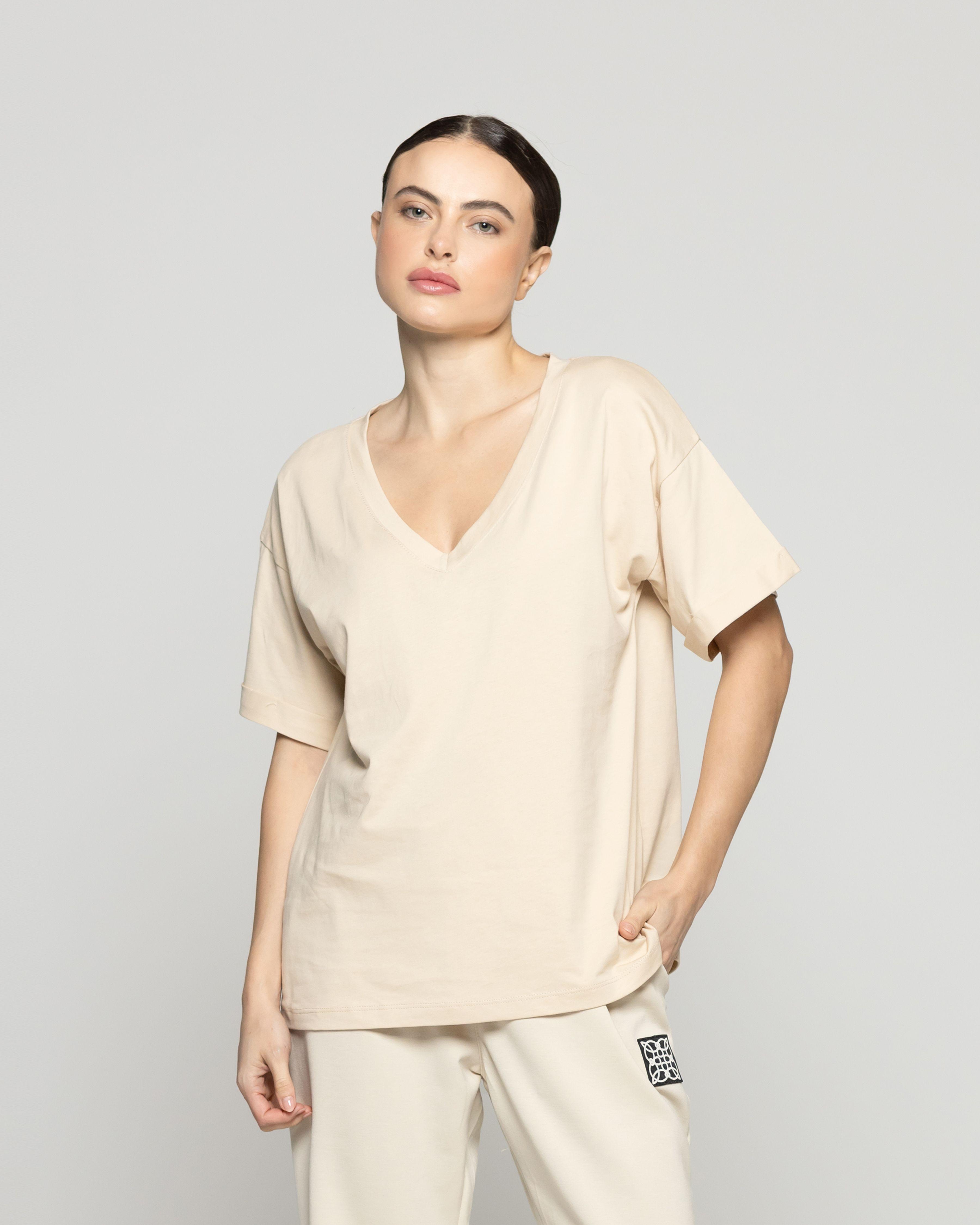 Polera Mujer Básico Ornella Escote V Beige Lineatre-0