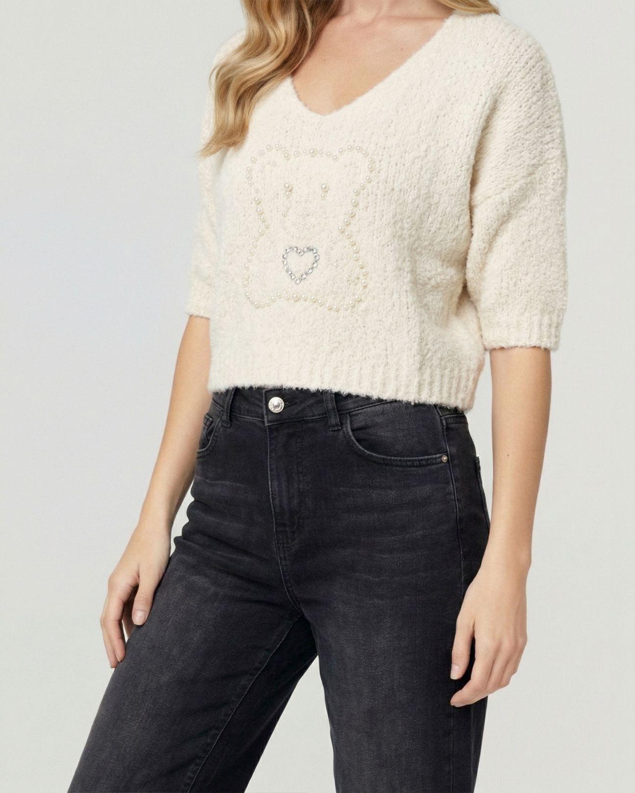 Sweater Mujer Mara Relaxed Cuello En V Manga Caída Crudo Lineatre-2