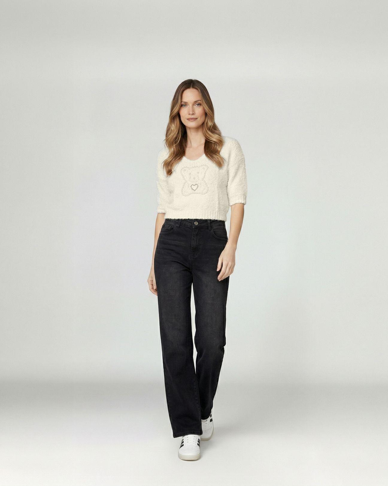 Sweater Mujer Mara Relaxed Cuello En V Manga Caída Crudo Lineatre-3