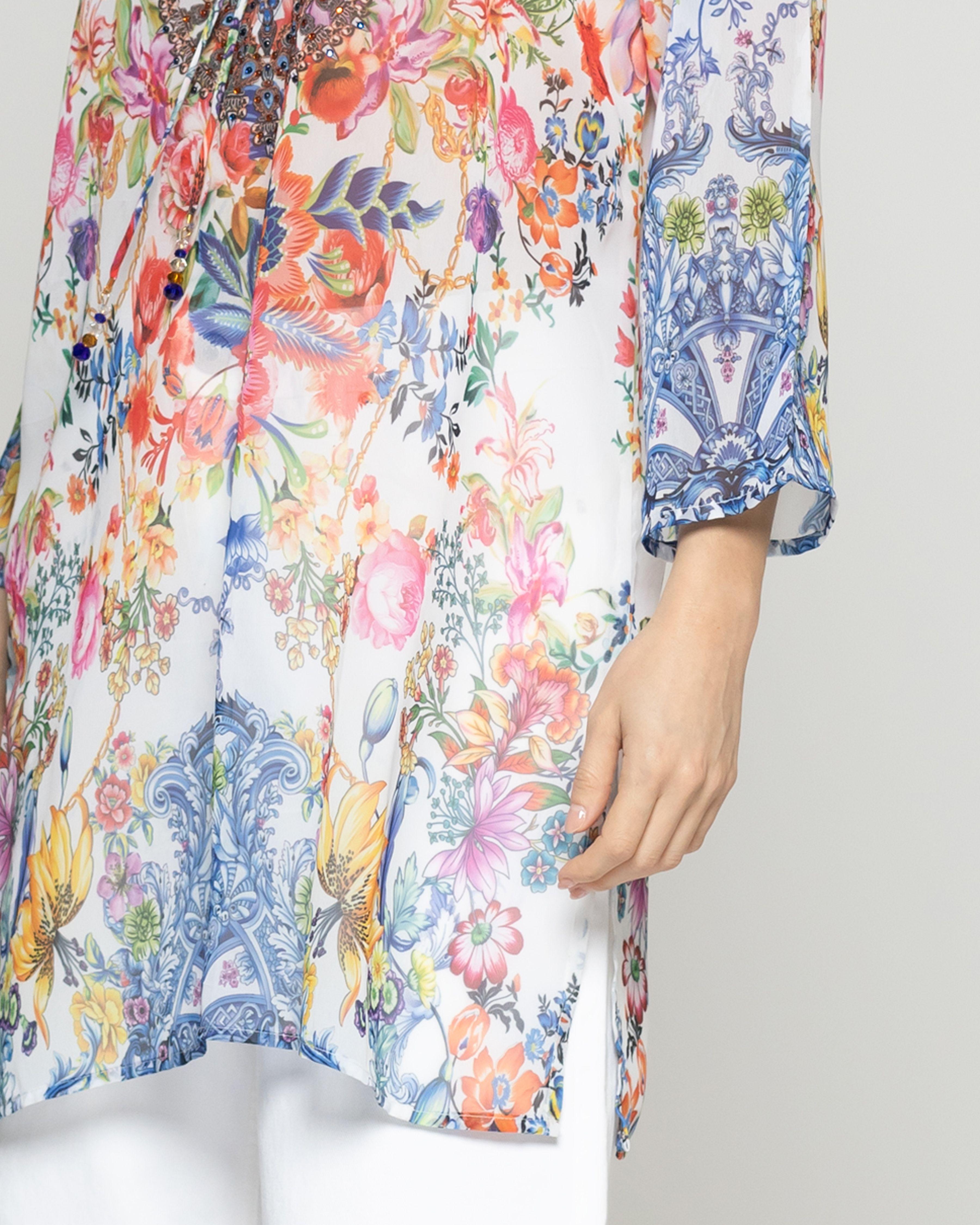 Túnica Mujer Con Brillos Qiana Estampado Floral Azul Y Blanco Lineatre-2