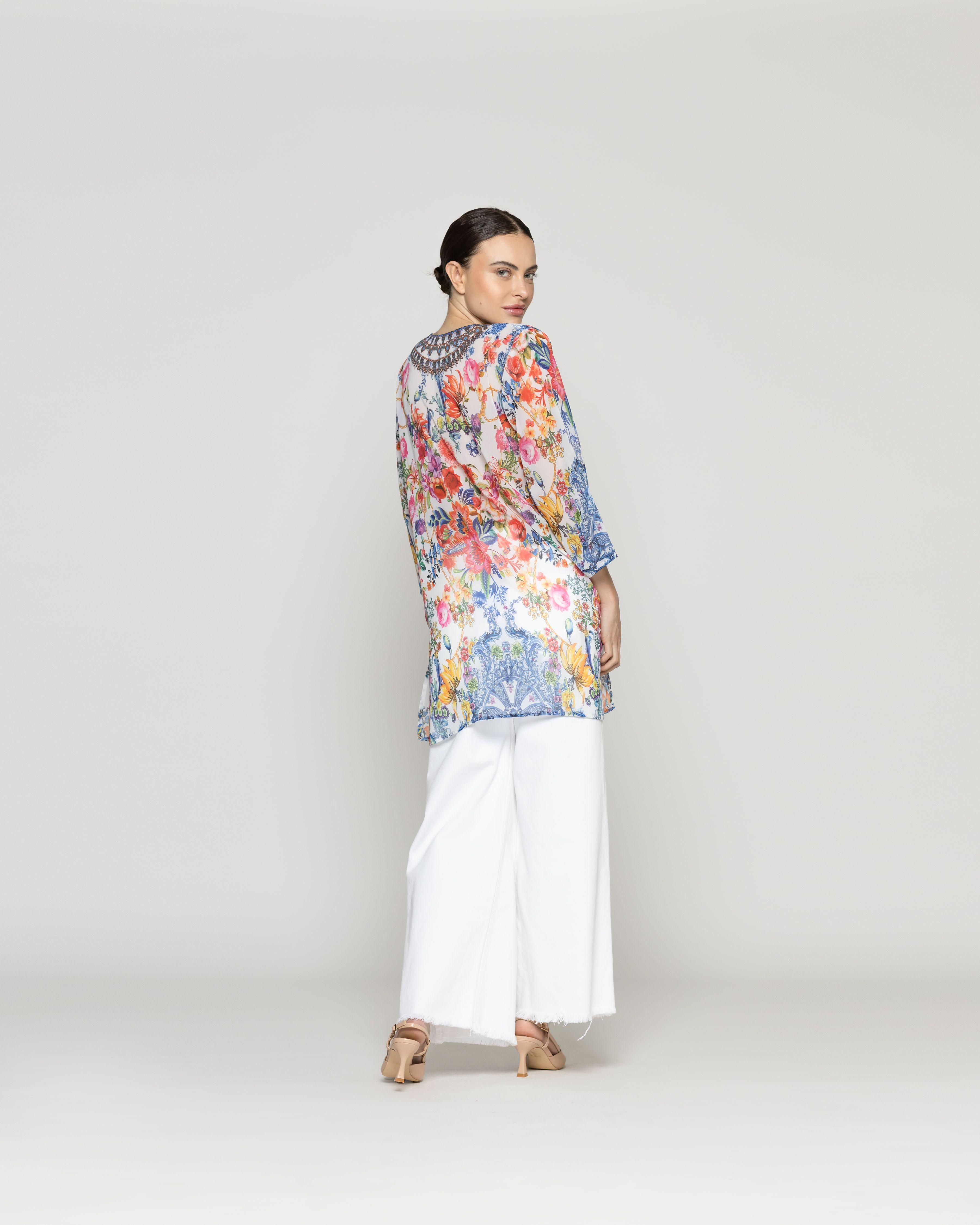 Túnica Mujer Con Brillos Qiana Estampado Floral Azul Y Blanco Lineatre-3