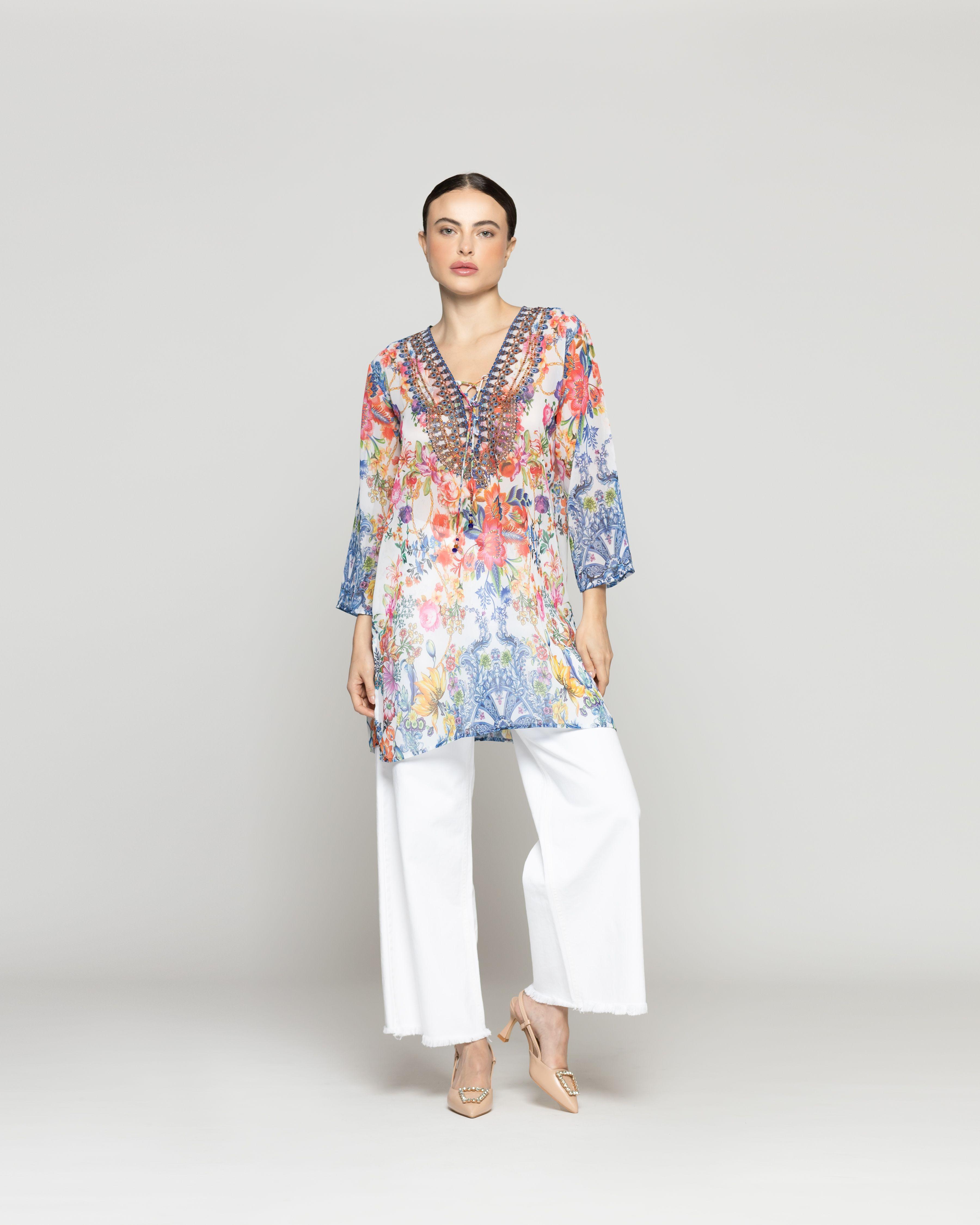 Túnica Mujer Con Brillos Qiana Estampado Floral Azul Y Blanco Lineatre-4