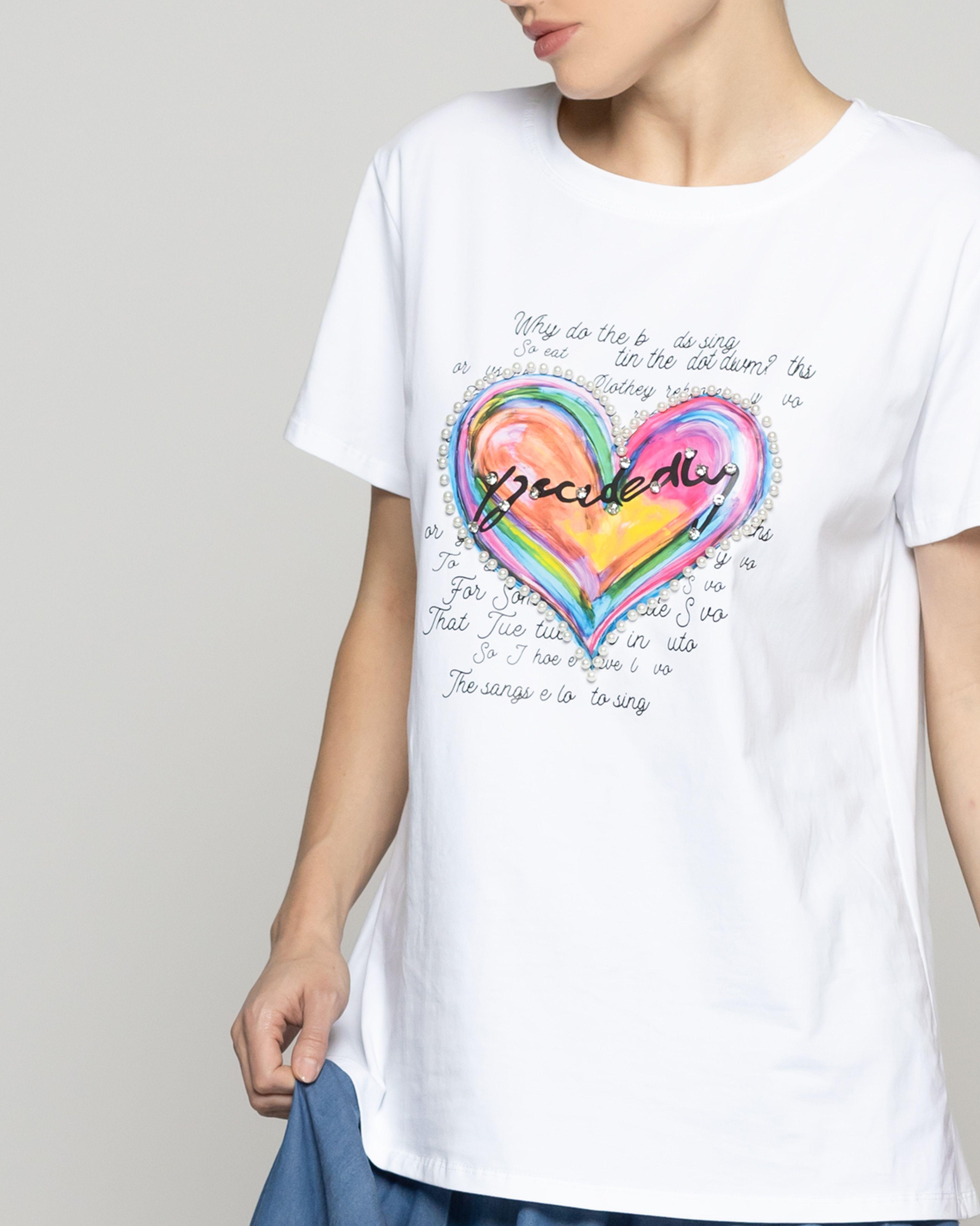 Polera Mujer Ottilia Estampado Corazón Manga Corta Blanca Lineatre-2