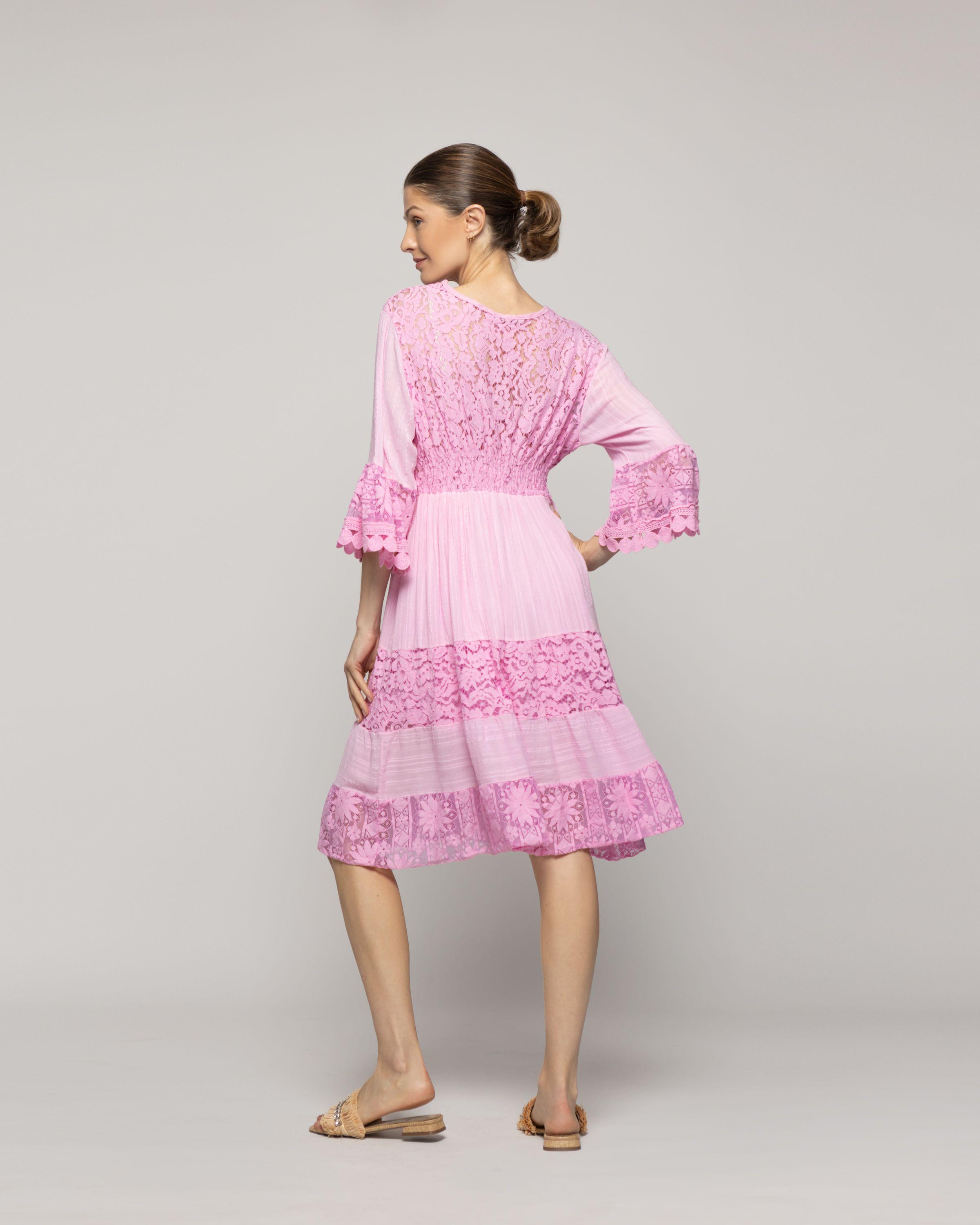 Vestido Mujer Vivi Largo Midi Con Adornos De Encaje Rosado Lineatre-2