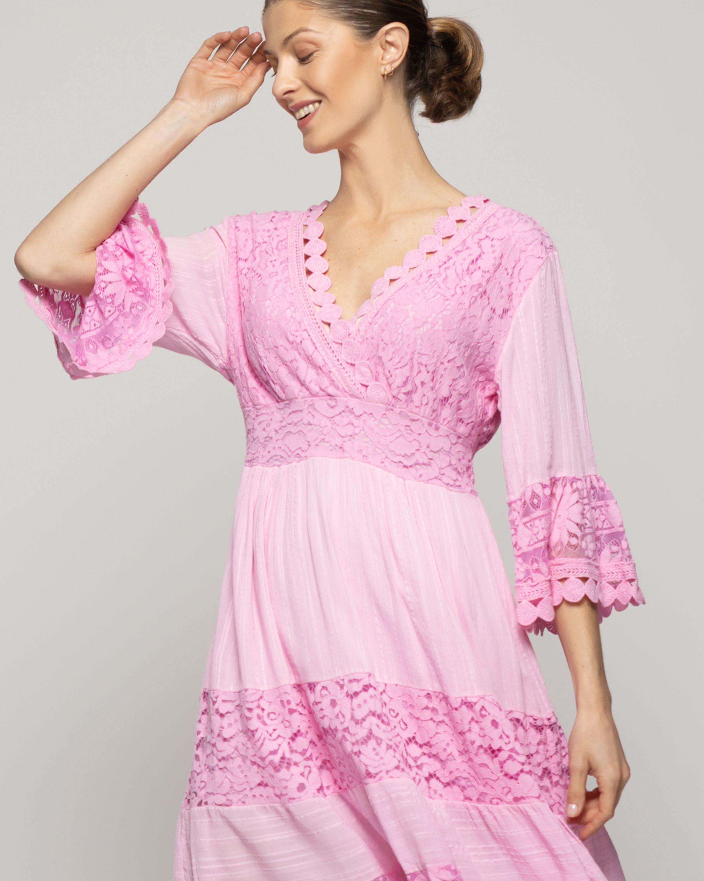 Vestido Mujer Vivi Largo Midi Con Adornos De Encaje Rosado Lineatre-3